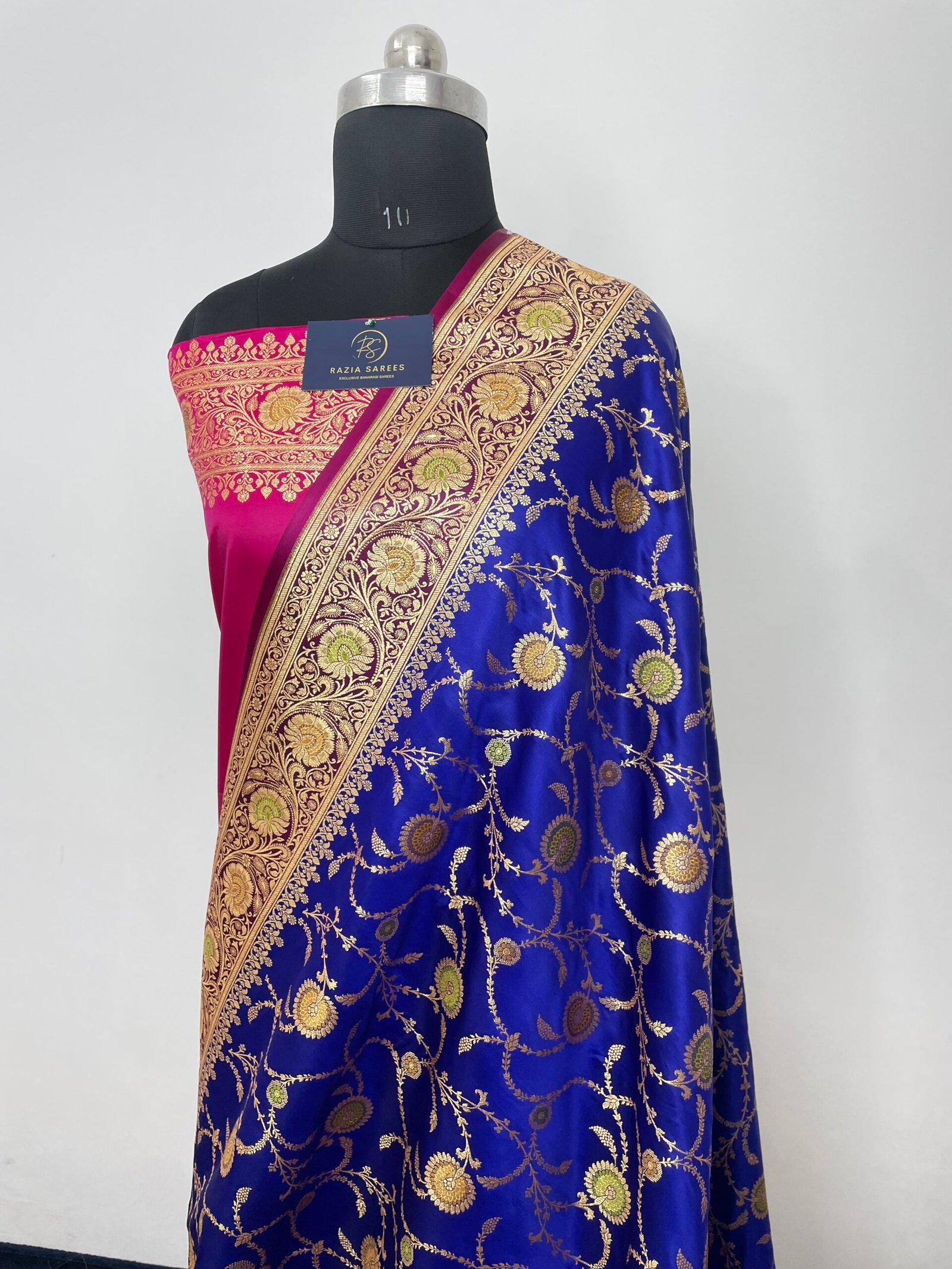 Royal Blue Contrast Meenakari Designer Jaal Satin Katan Silk Saree - Image 2