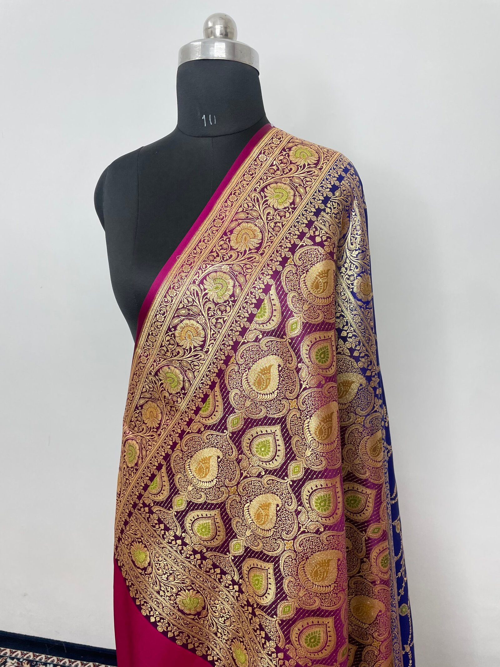 Royal Blue Contrast Meenakari Designer Jaal Satin Katan Silk Saree - Image 3