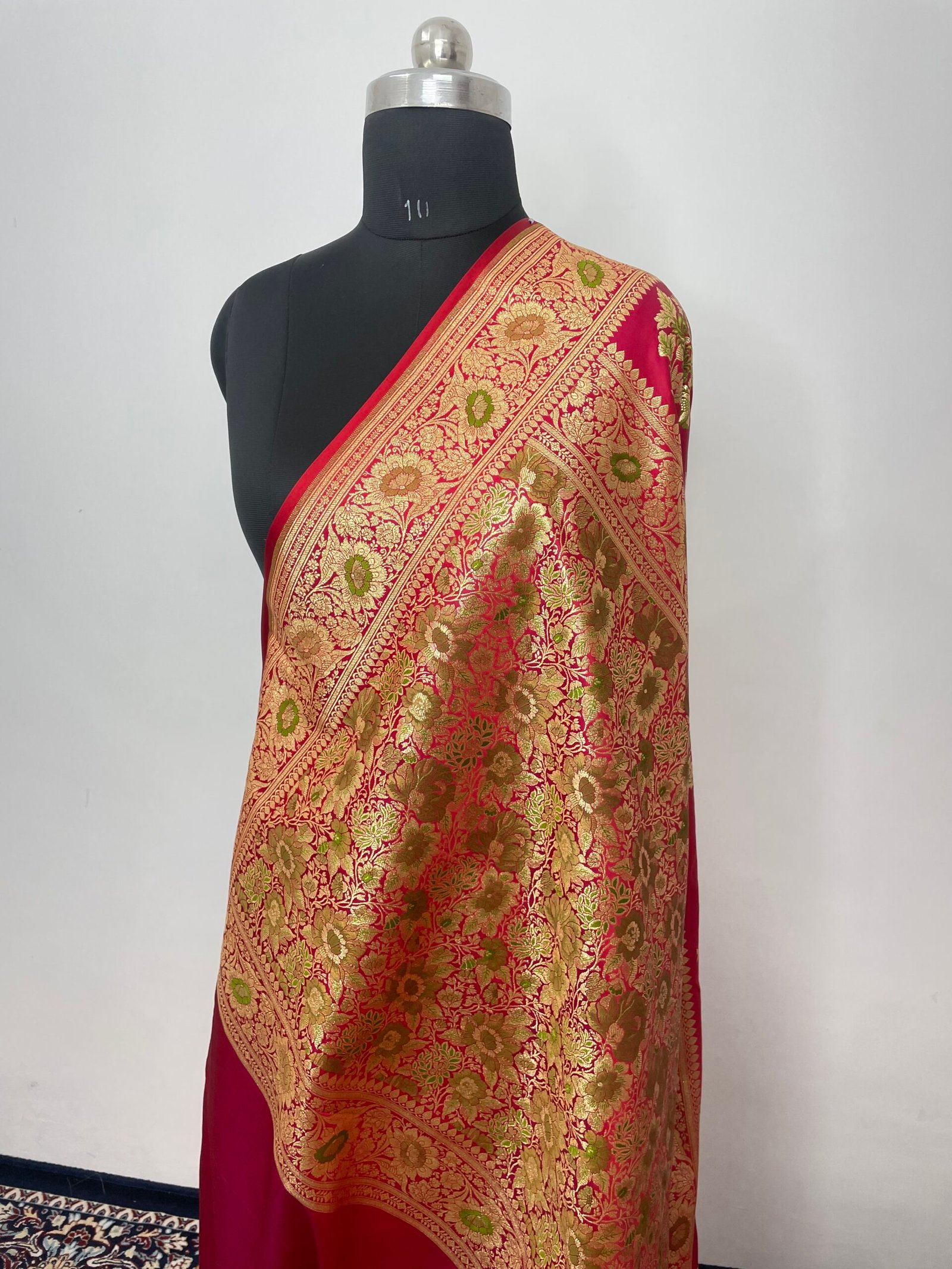 Red Designer Meenakari Boota Satin Katan Silk Saree - Image 3