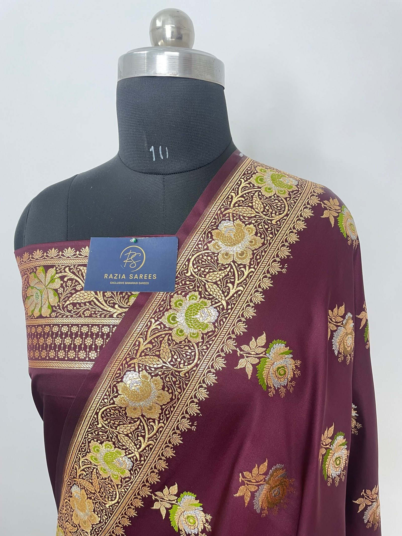 Garnet Meenakari Designer Boota Satin Katan Silk Saree