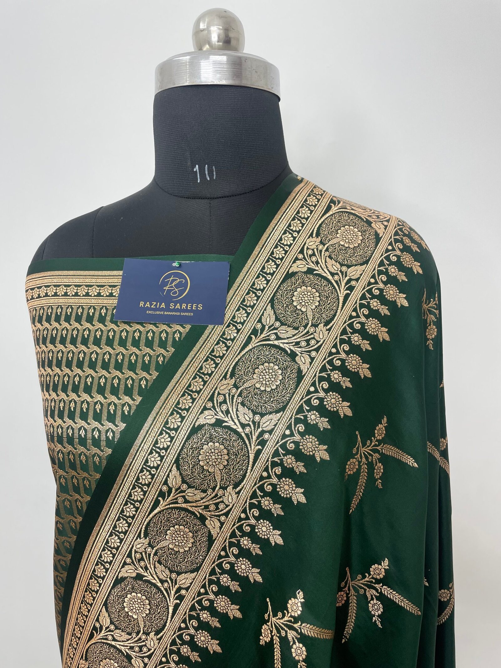 Bottle Green Designer Boota Satin Katan Silk Saree