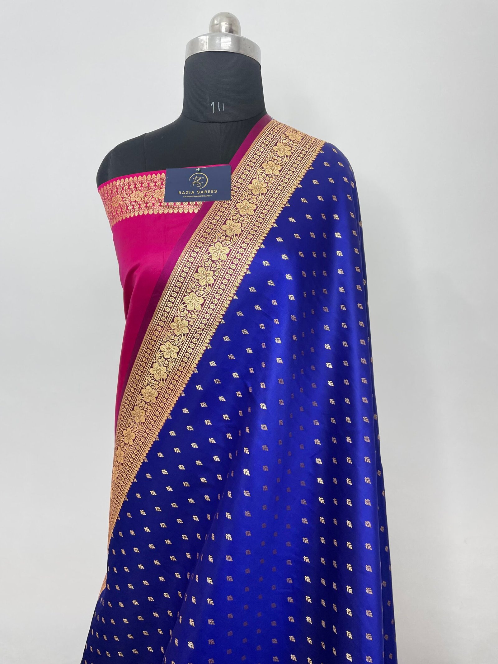 Royal Blue Contrast Designer Booti Satin Katan Silk Saree - Image 2