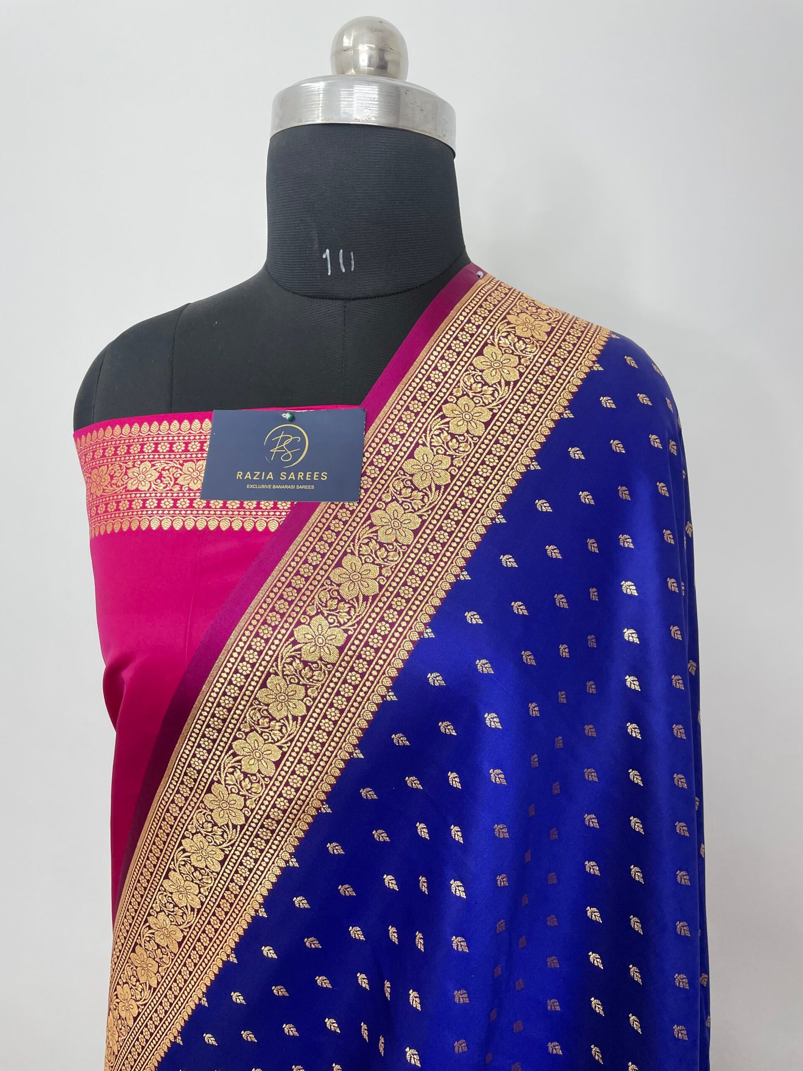 Royal Blue Contrast Designer Booti Satin Katan Silk Saree