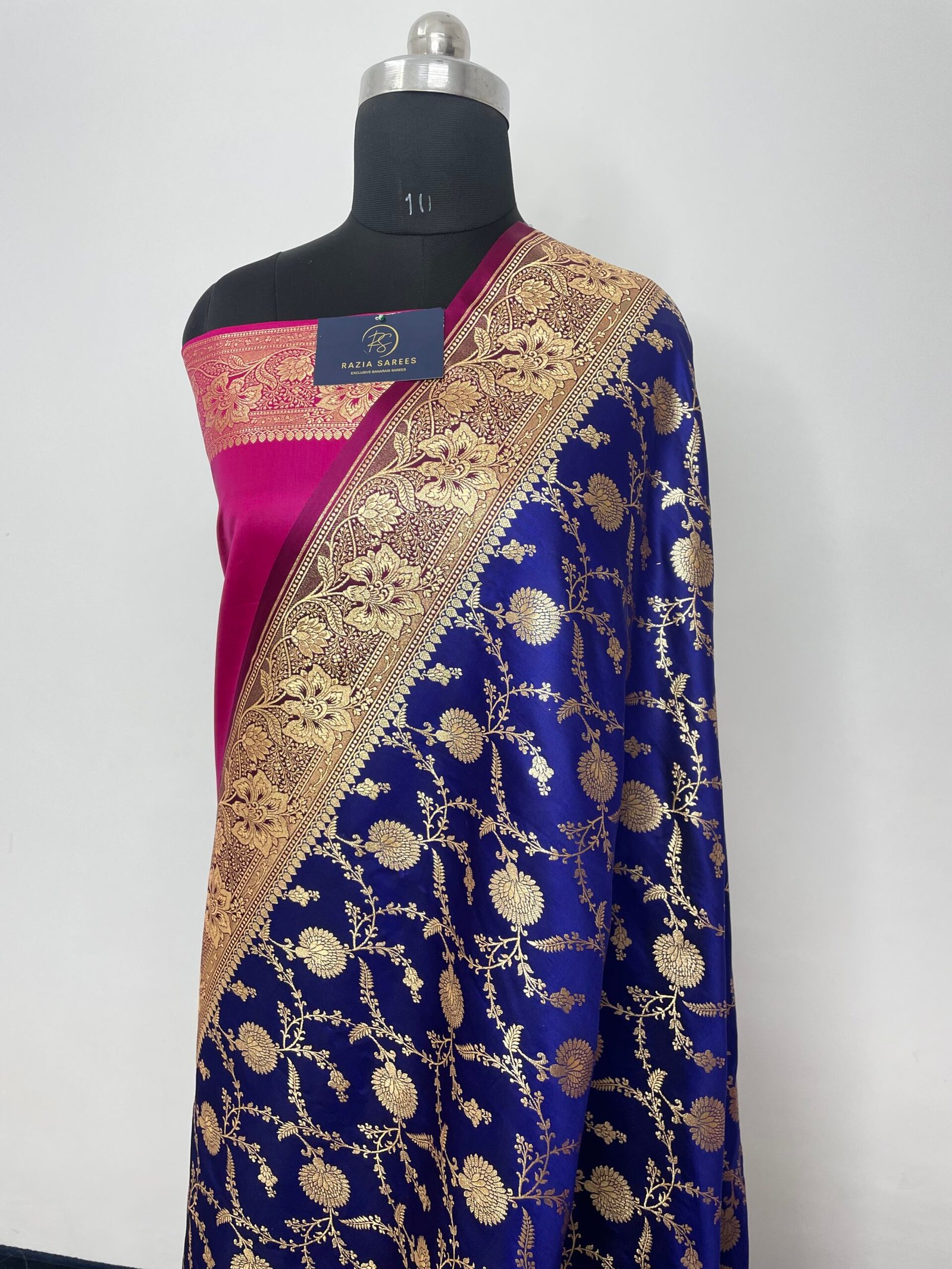 Royal Blue Contrast Designer Jaal Satin Katan Silk Saree - Image 2