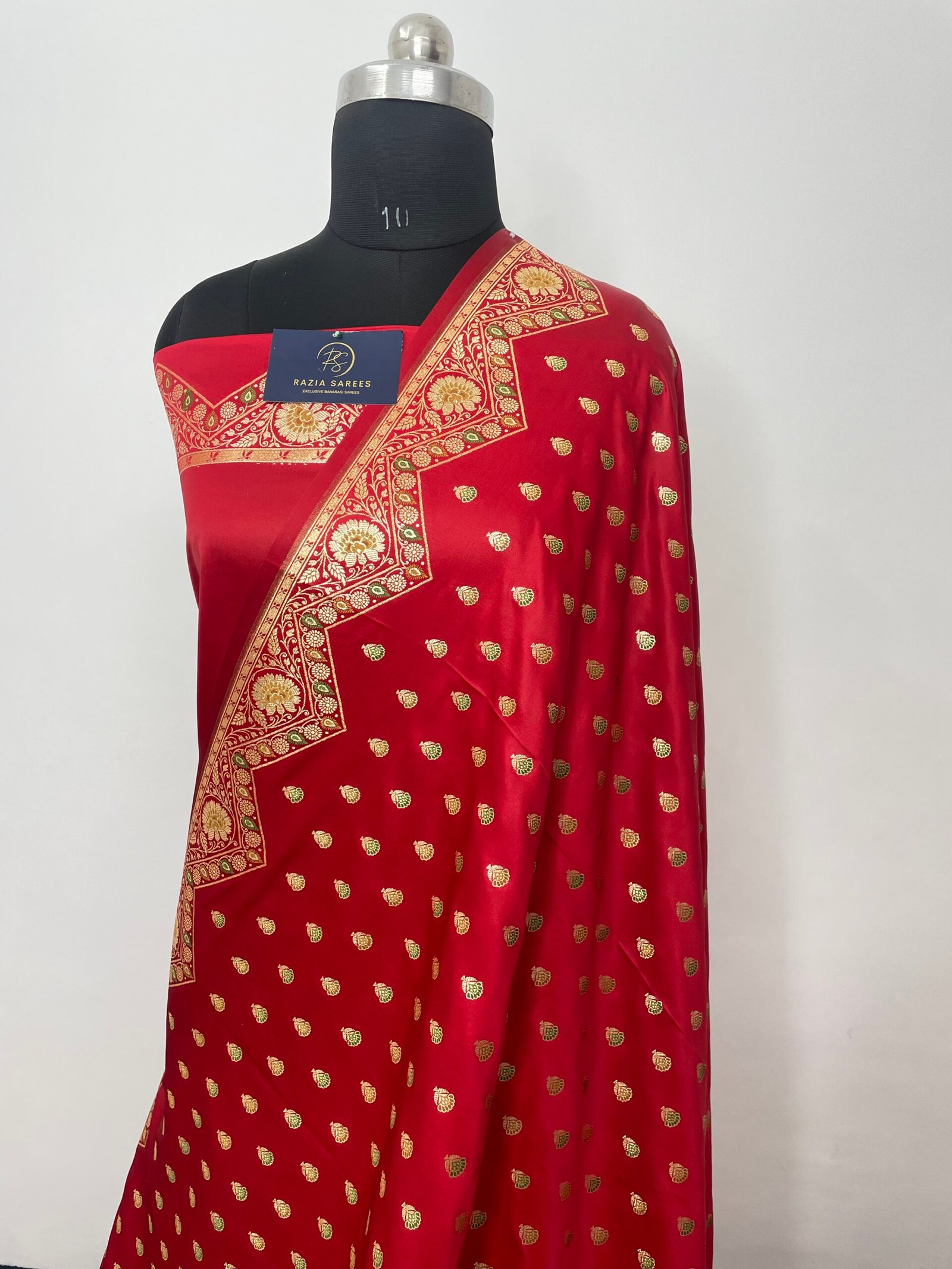 Red Designer Meenakari Booti Satin Katan Silk Saree - Image 2