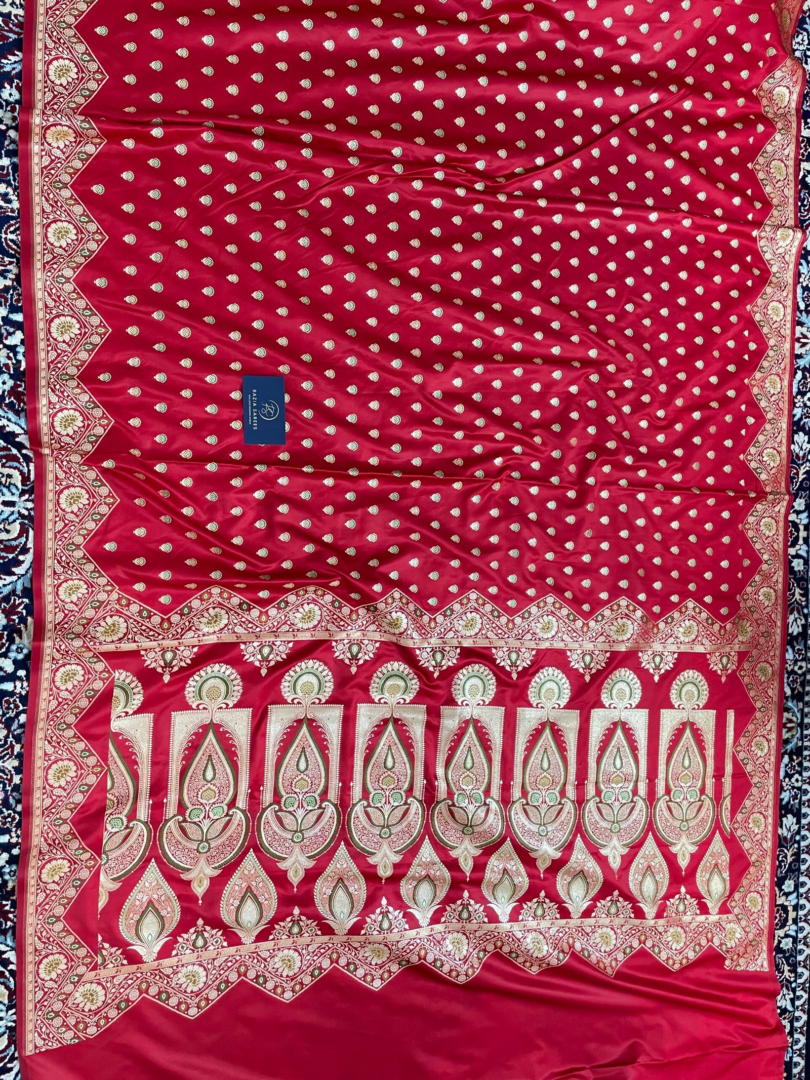 Red Designer Meenakari Booti Satin Katan Silk Saree - Image 4