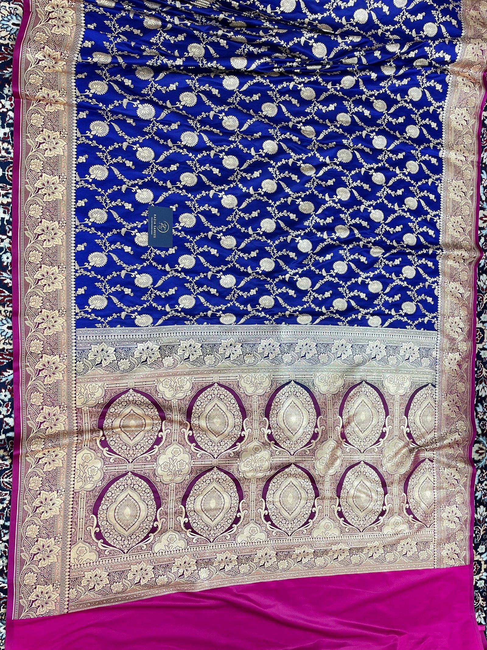 Royal Blue Contrast Designer Jaal Satin Katan Silk Saree - Image 4