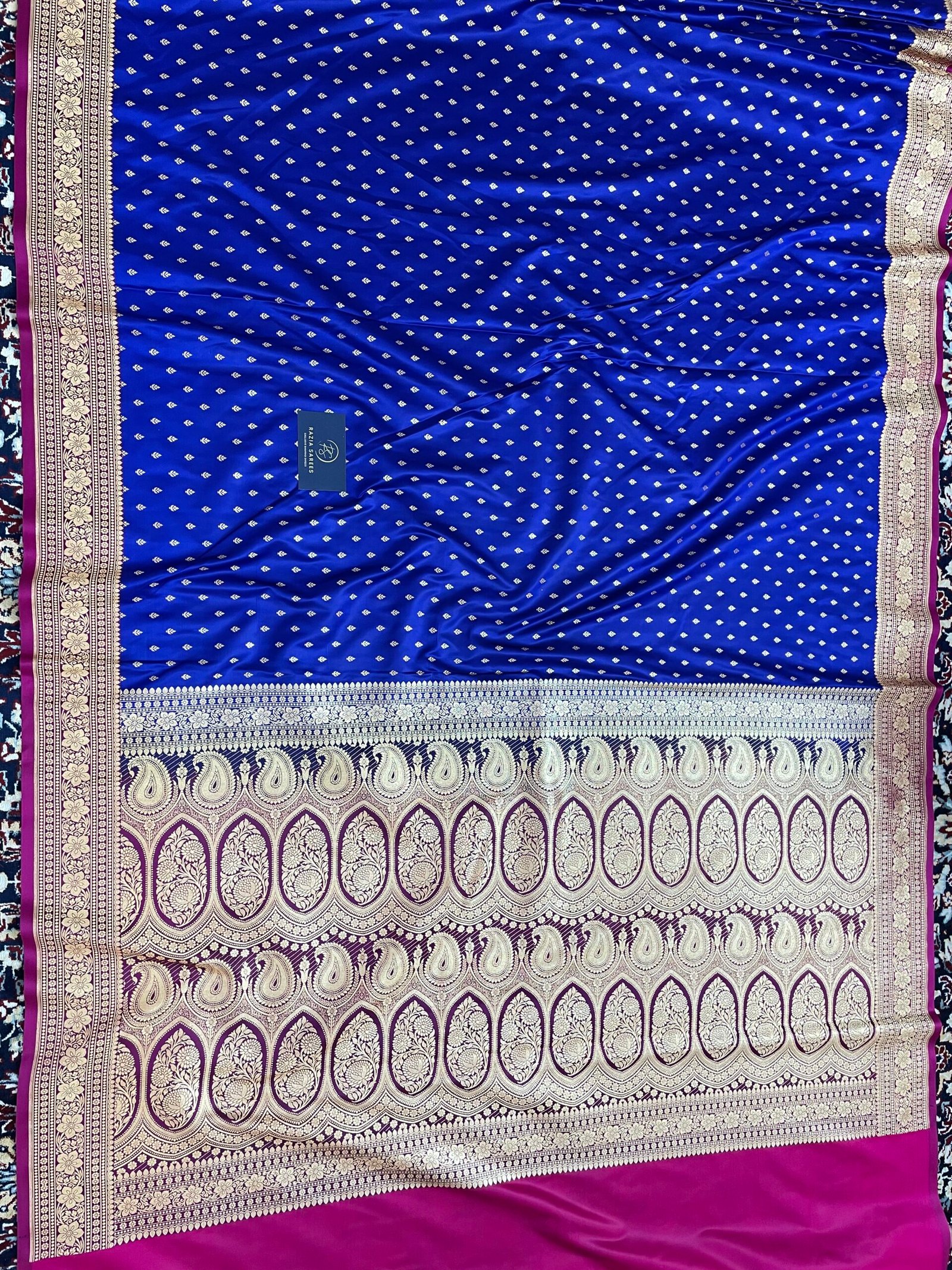 Royal Blue Contrast Designer Booti Satin Katan Silk Saree - Image 4