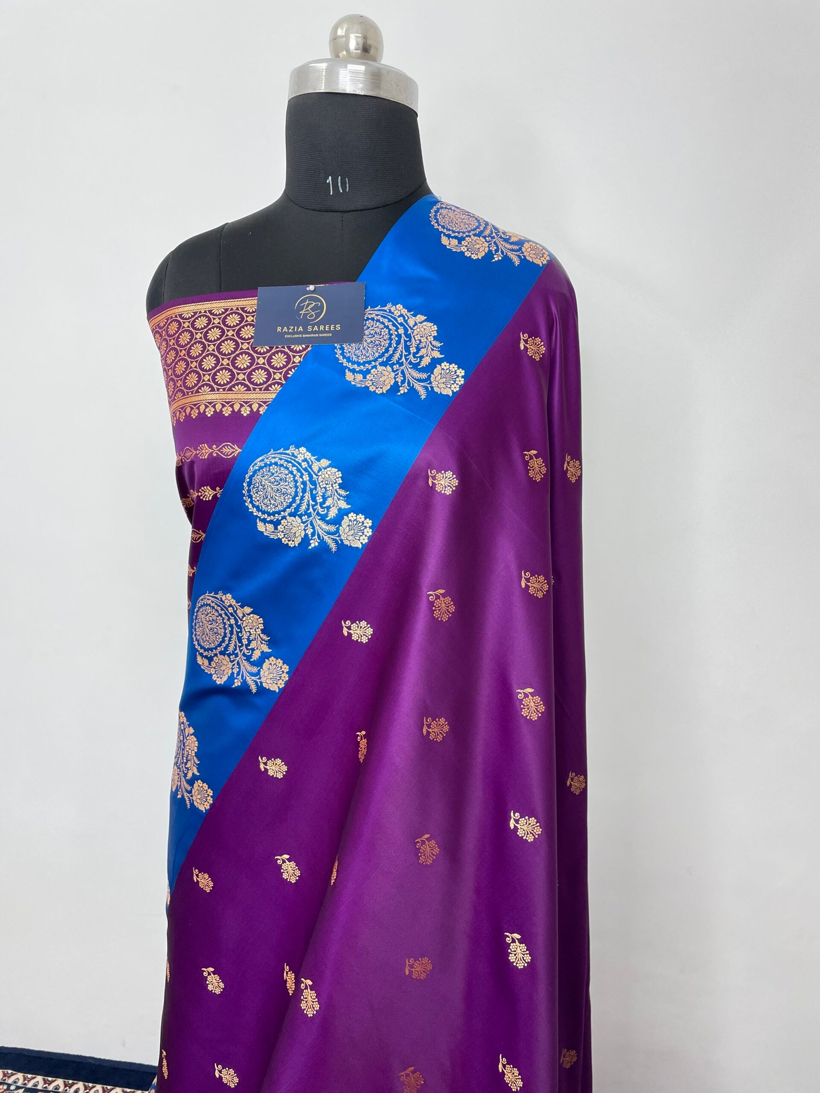Purple Blue Contrast Fancy Satan Patta Satin Katan Silk Saree - Image 2