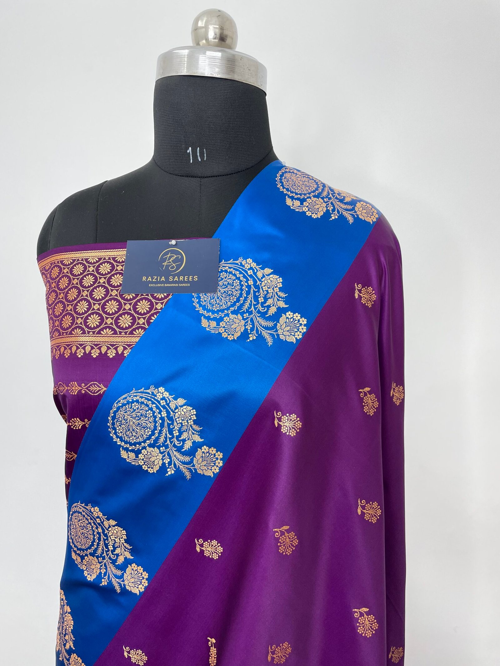 Purple Blue Contrast Fancy Satan Patta Satin Katan Silk Saree
