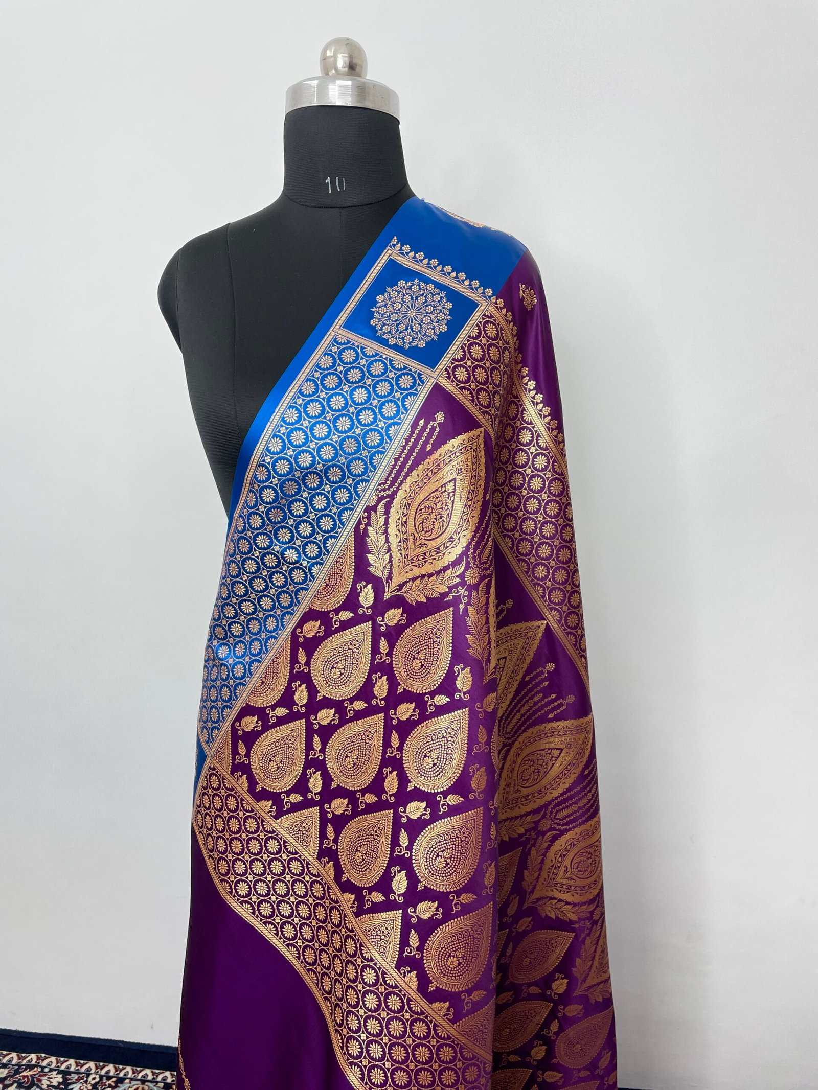 Purple Blue Contrast Fancy Satan Patta Satin Katan Silk Saree - Image 3