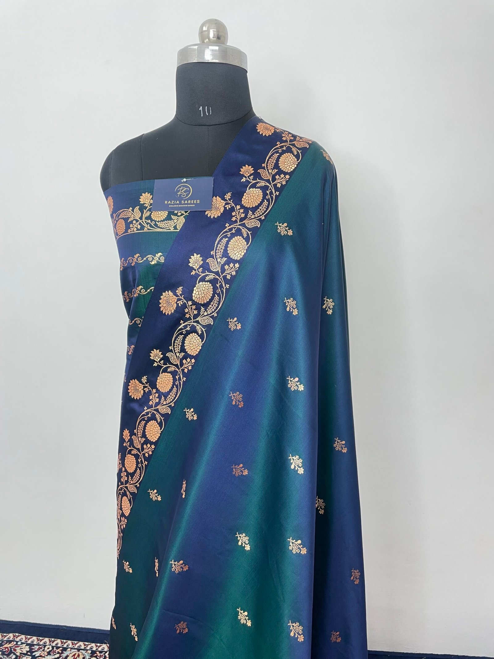 German Blue Fancy Satan Patta Satin Katan Silk Saree - Image 2