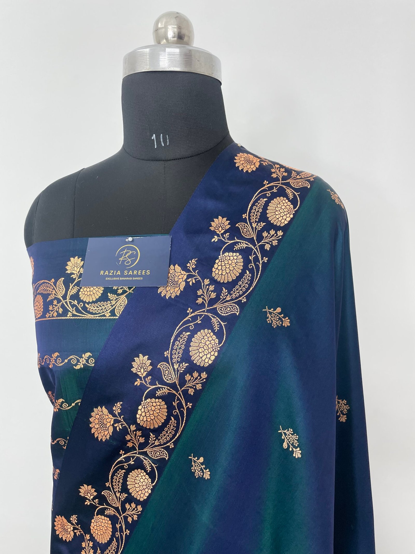 German Blue Fancy Satan Patta Satin Katan Silk Saree