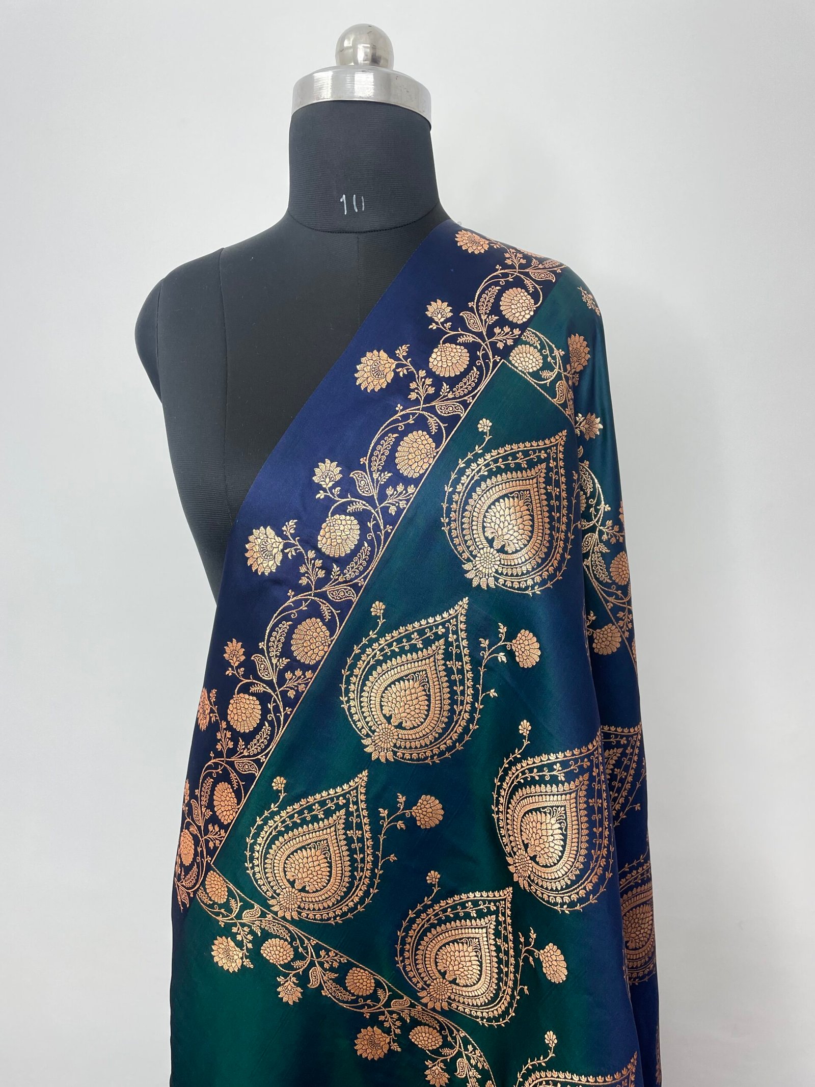 German Blue Fancy Satan Patta Satin Katan Silk Saree - Image 3