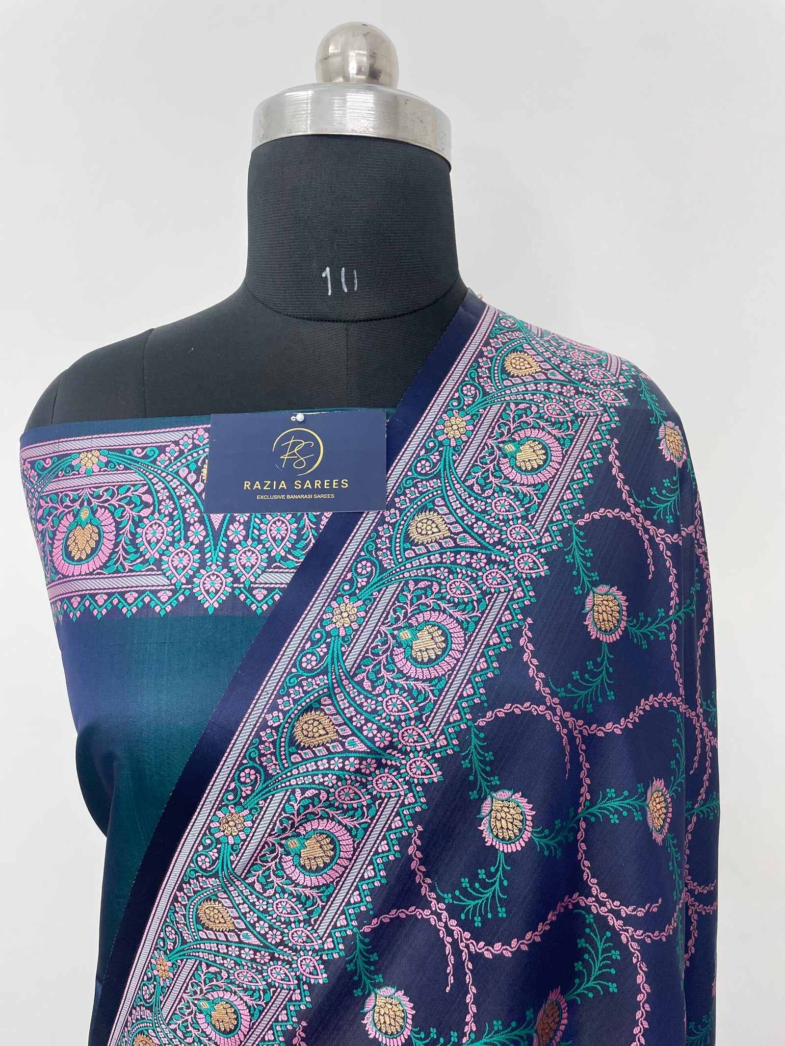 German Blue Tilfi Jamawar Mashru Katan Silk Saree