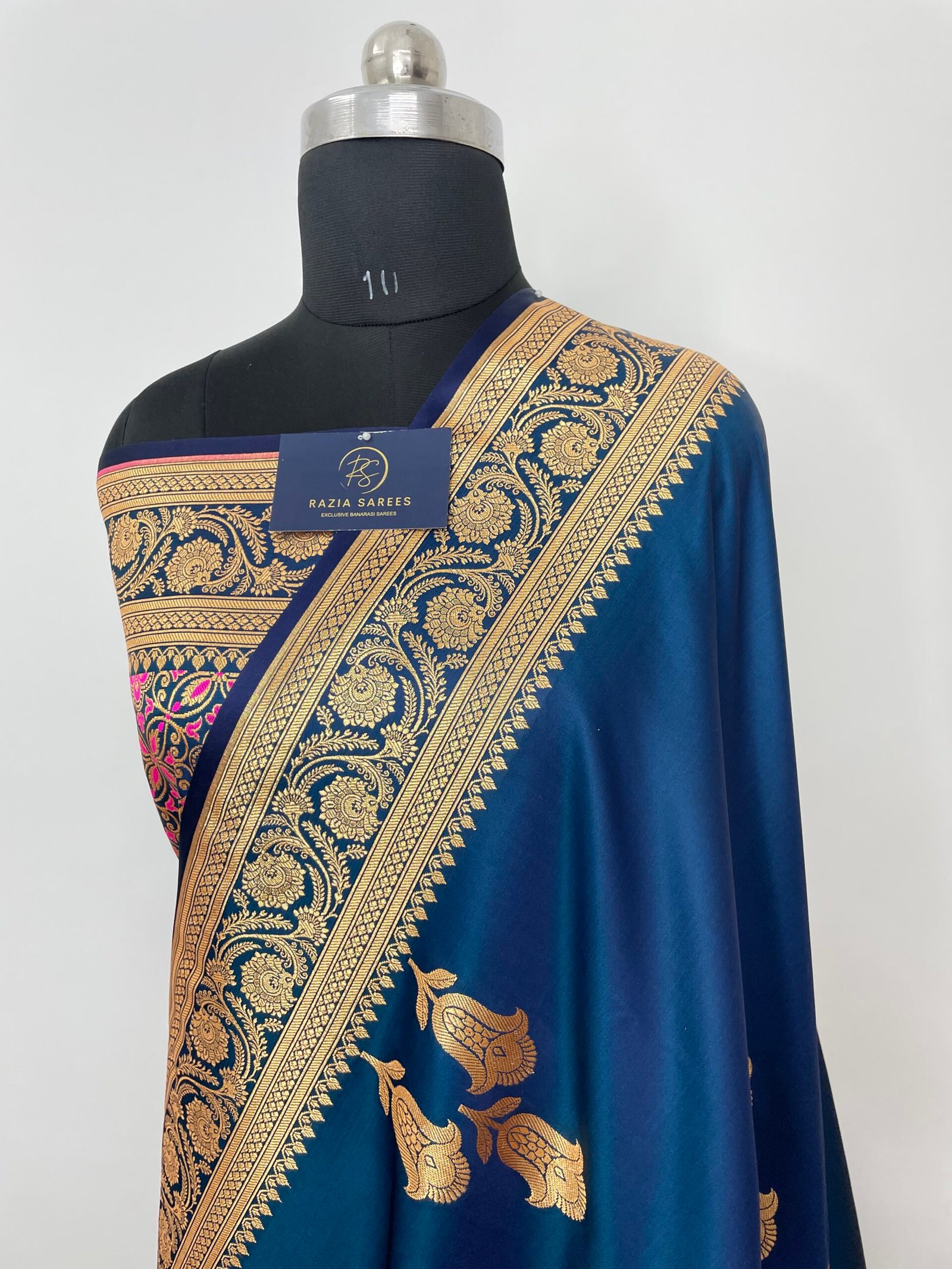 German Blue Memory Jacart Designer Satin Katan Silk Saree