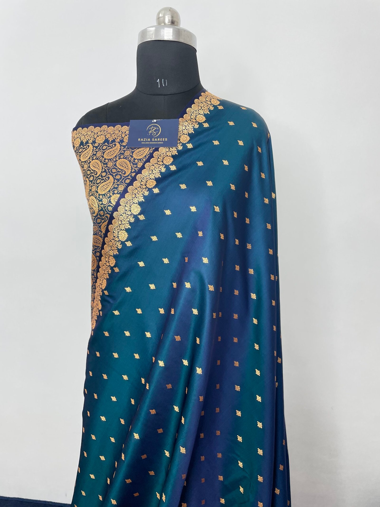 German Blue Designer Buti Satin Katan Silk Saree - Image 2