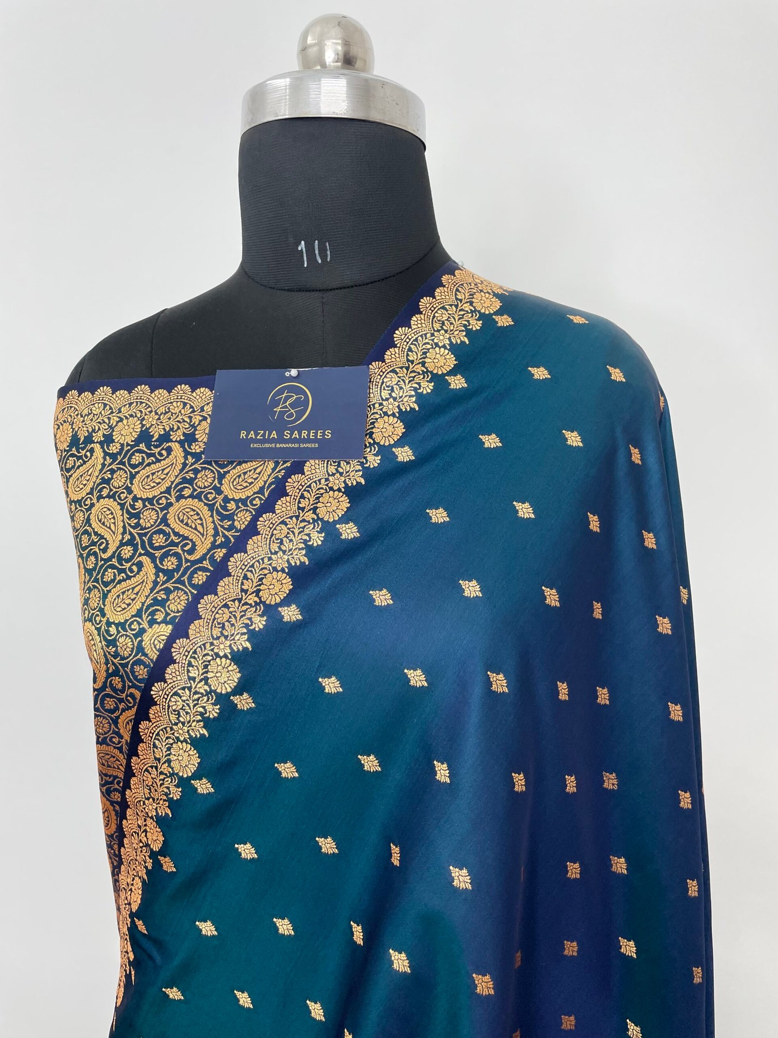 German Blue Designer Buti Satin Katan Silk Saree