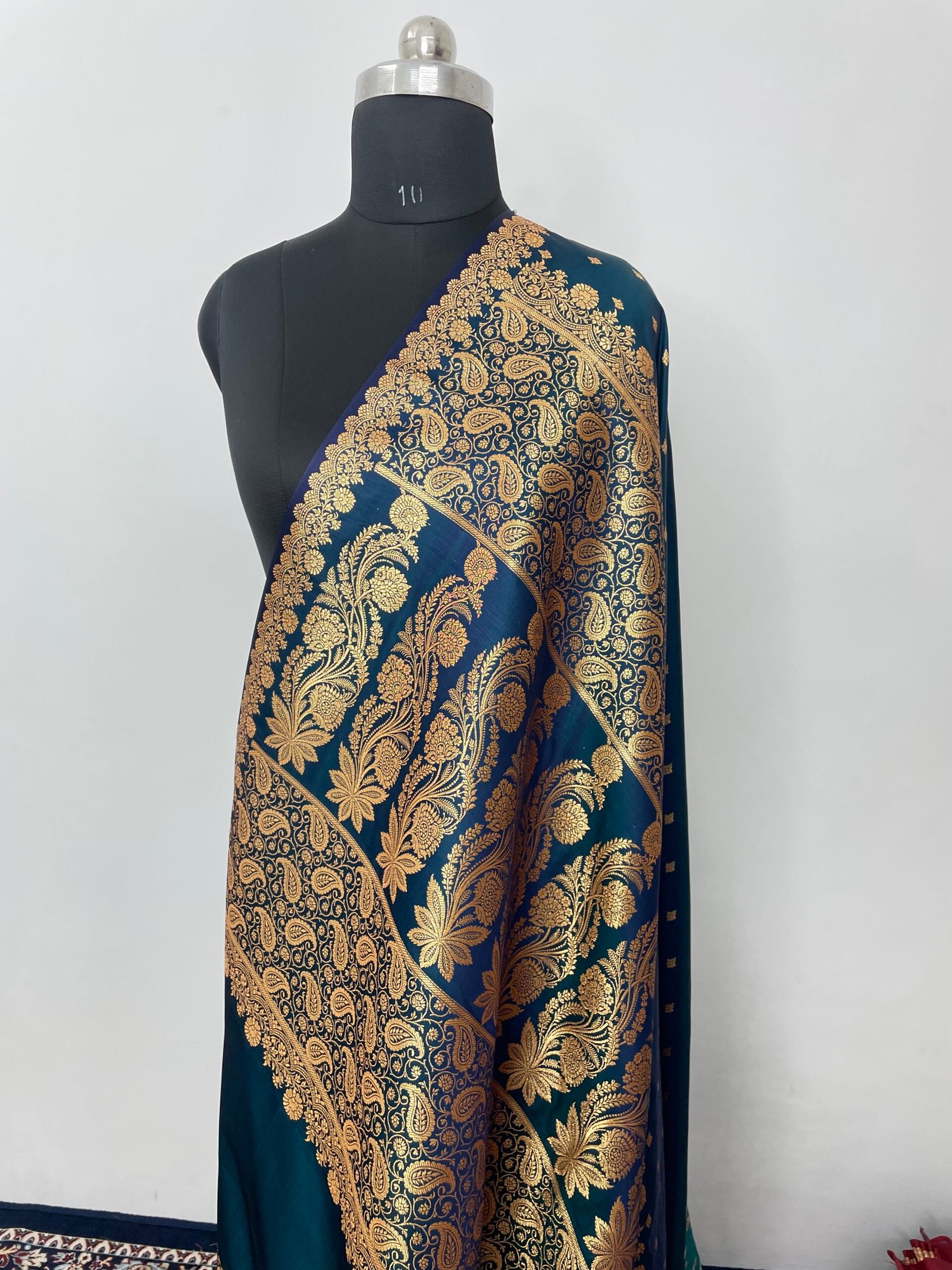 German Blue Designer Buti Satin Katan Silk Saree - Image 3