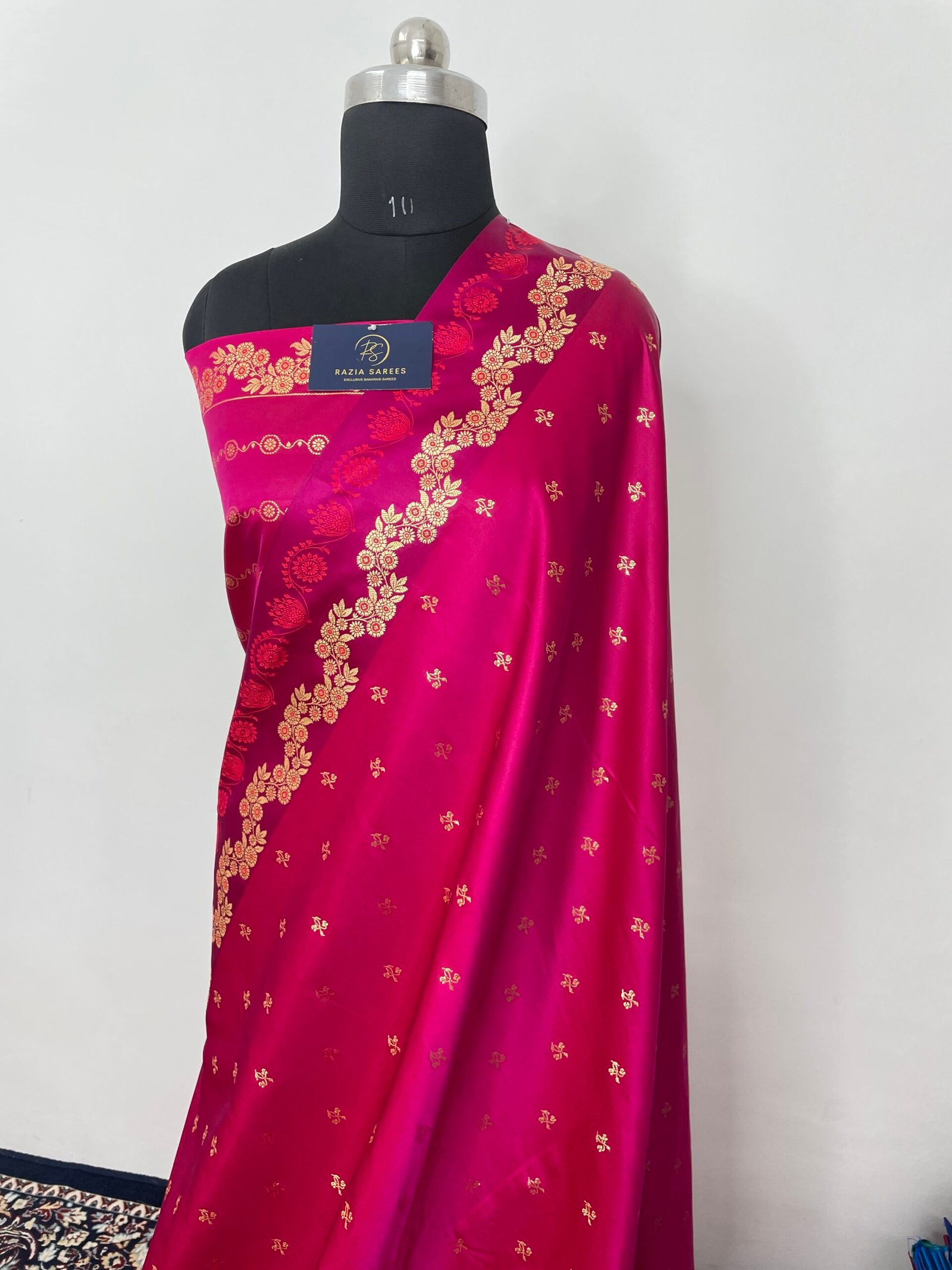 Rani Pink Fancy Satan Patta Buti Satin Katan Silk Saree - Image 2
