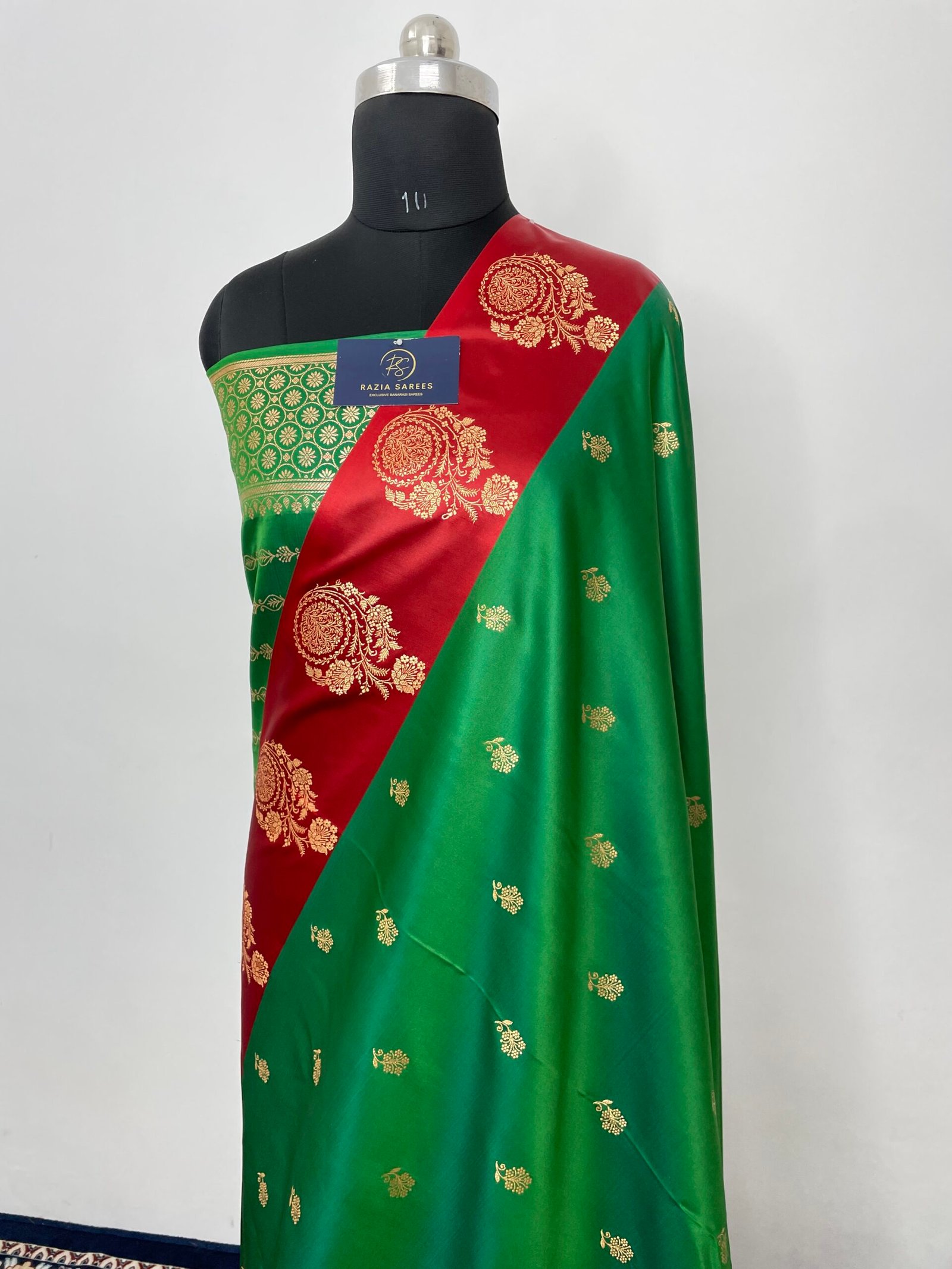 Green Red Contrast Fancy Satan Patta Buti Satin Katan Silk Saree - Image 2
