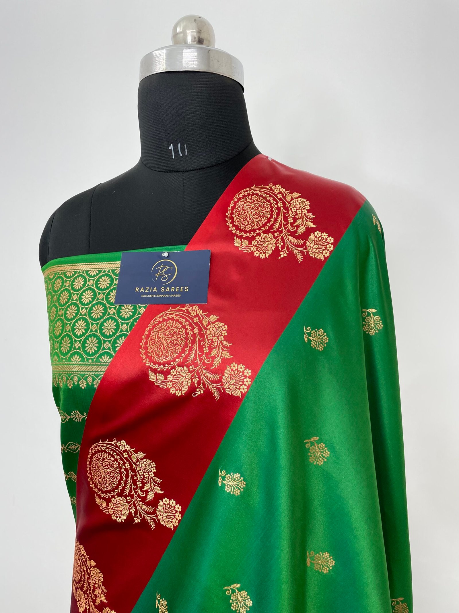 Green Red Contrast Fancy Satan Patta Buti Satin Katan Silk Saree