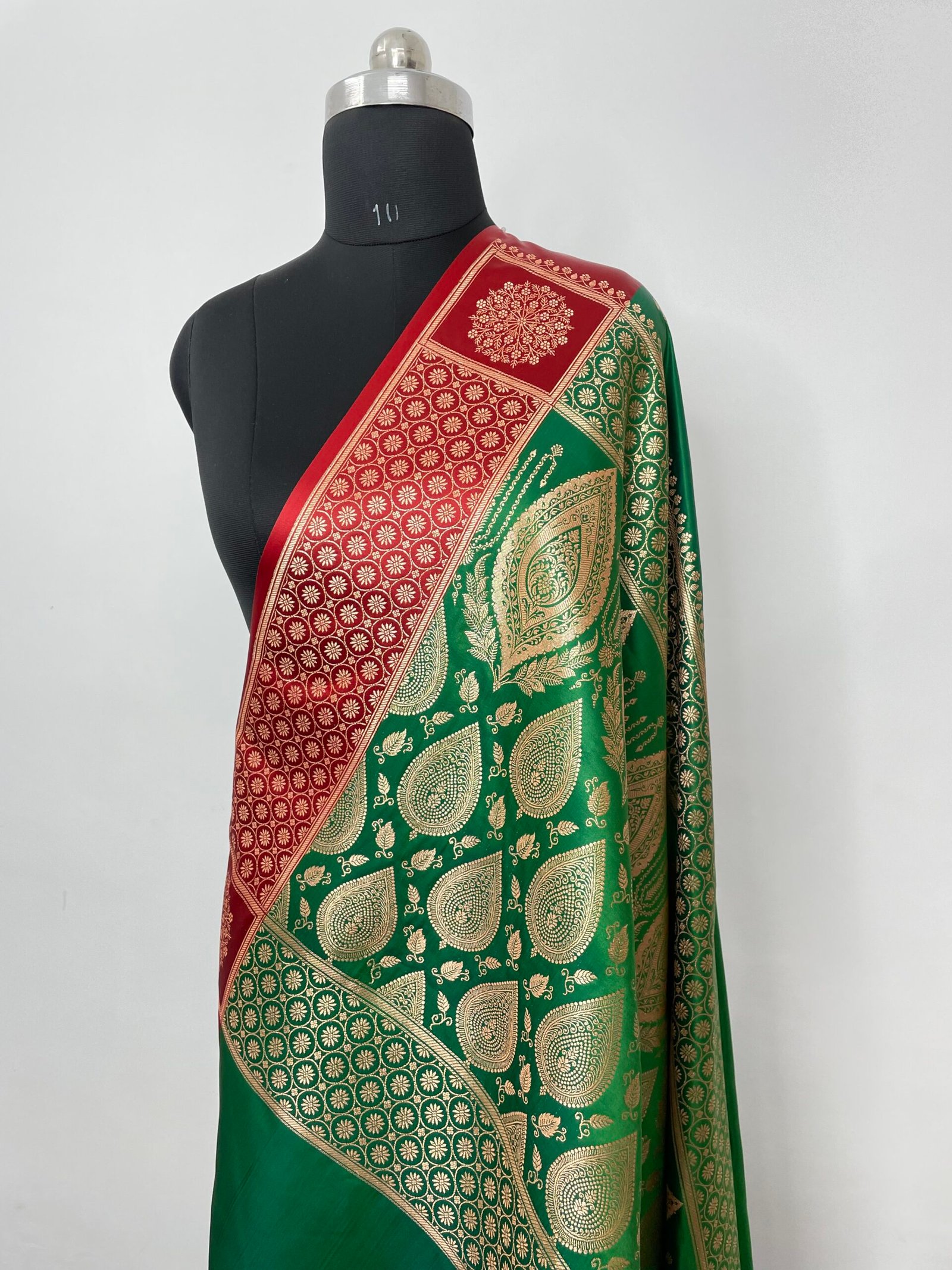 Green Red Contrast Fancy Satan Patta Buti Satin Katan Silk Saree - Image 3