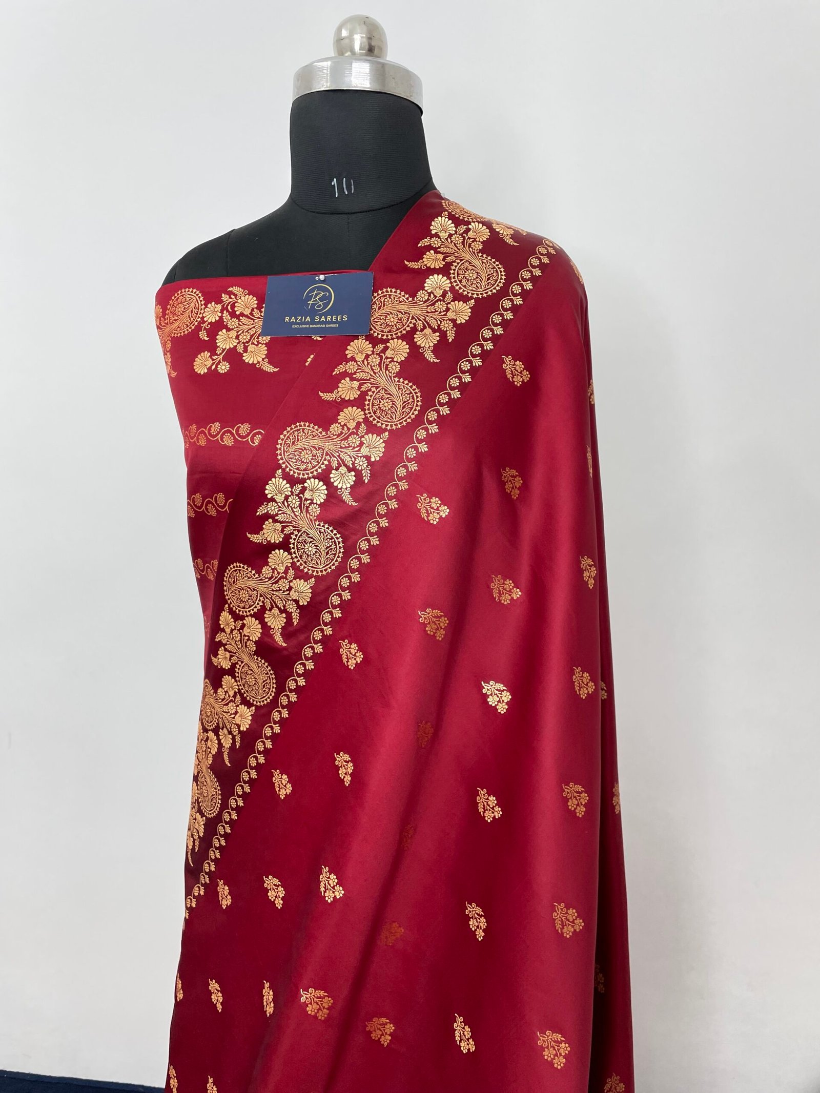 Mehroon Fancy Satan Patta Buti Satin Katan Silk Saree - Image 2