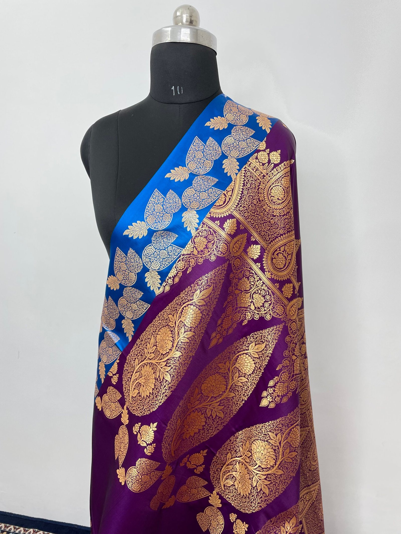 Purple Blue Fancy Satan Patta Buti Satin Katan Silk Saree - Image 3