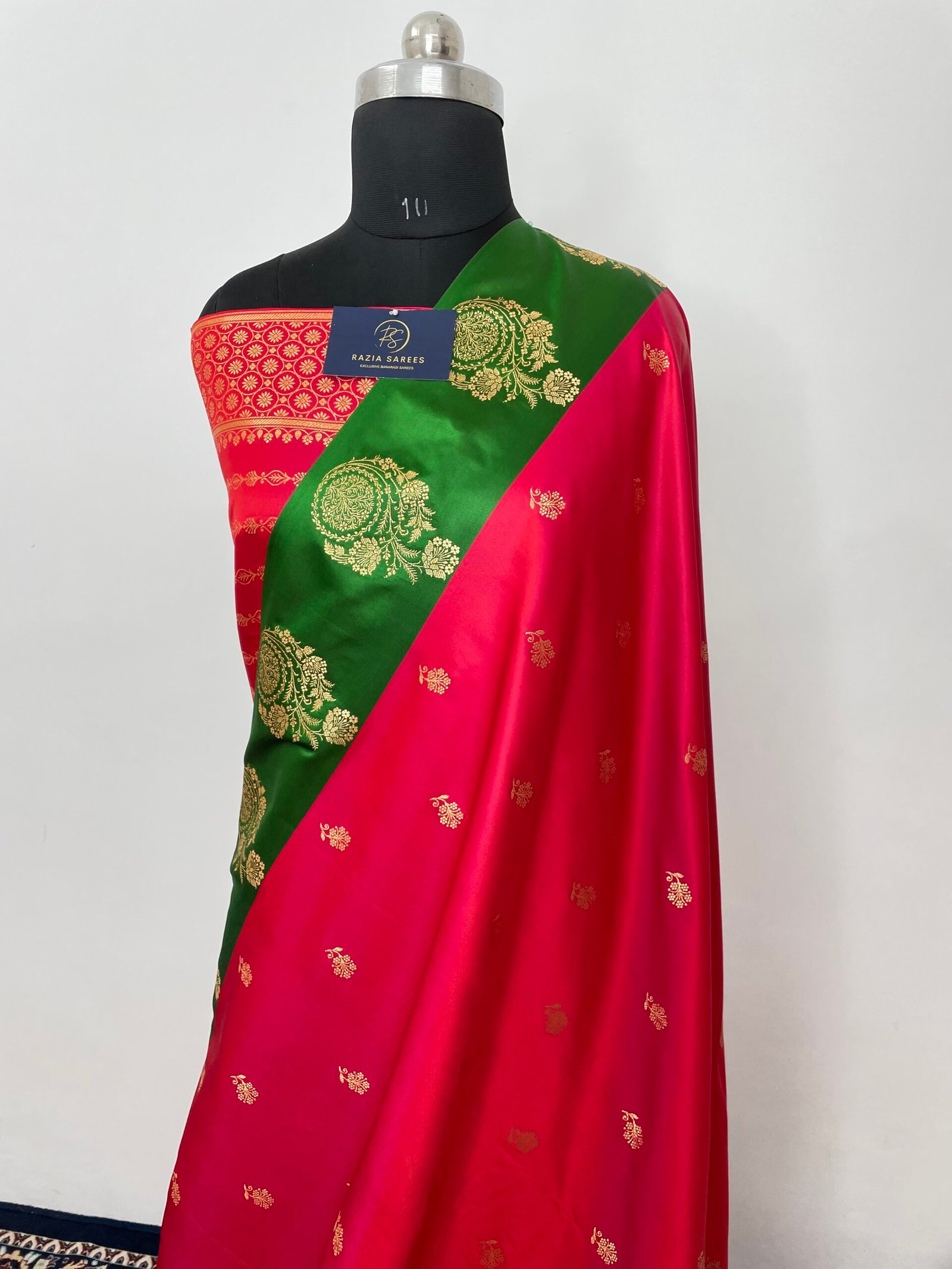 Strawberry Green Contrast Fancy Satan Patta Buti Satin Katan Silk Saree - Image 2