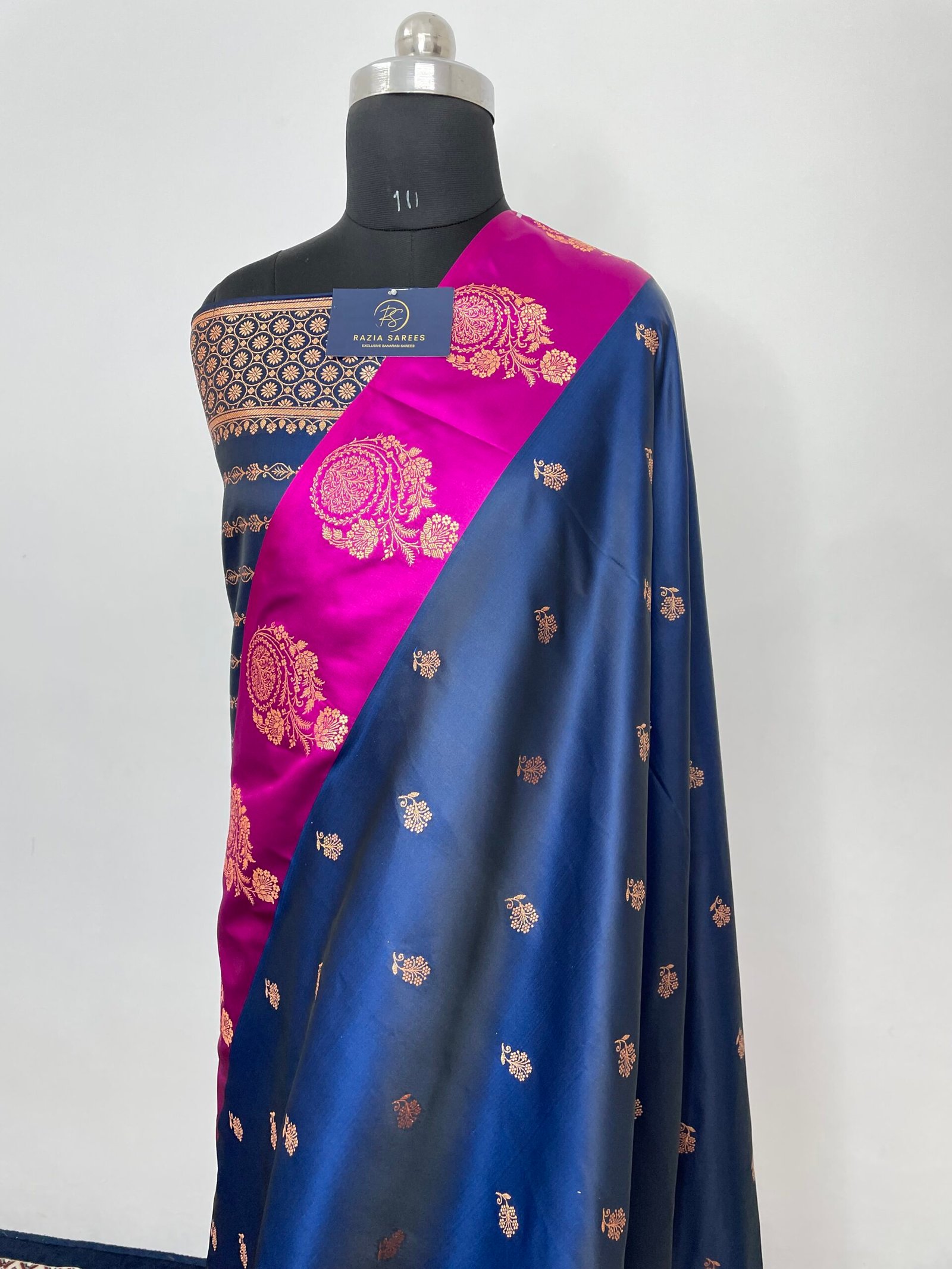 Ivory Blue Rani Contrast Fancy Satan Patta Buti Satin Katan Silk Saree - Image 2