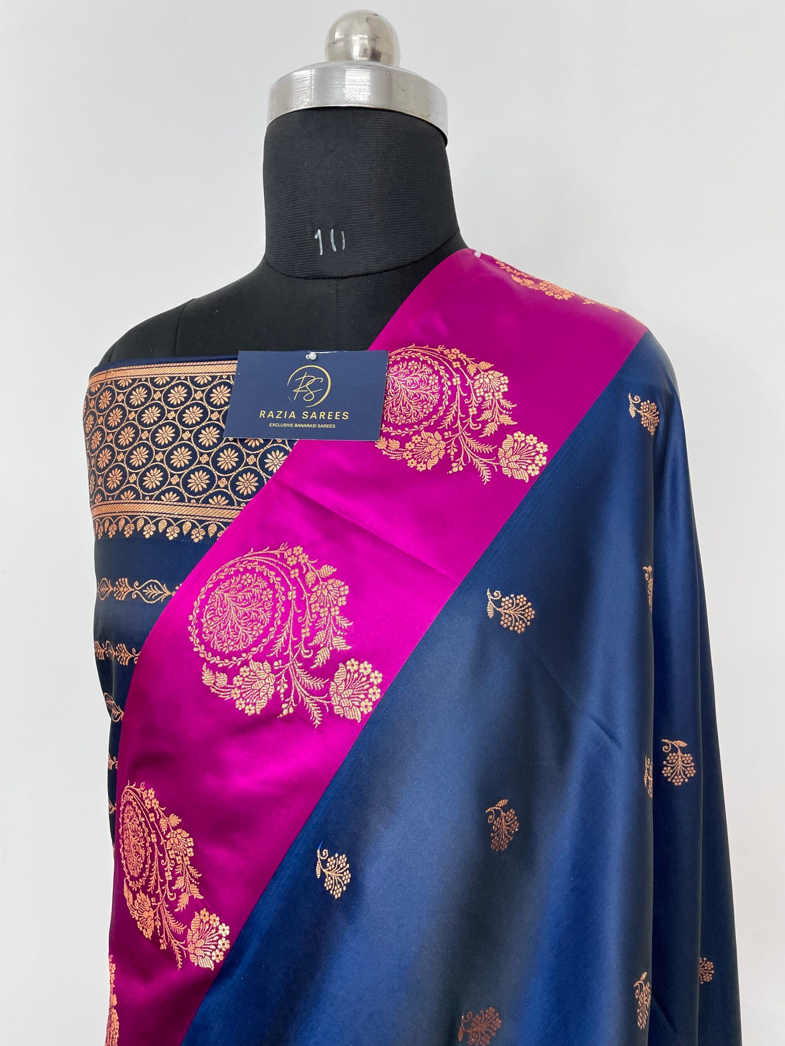 Ivory Blue Rani Contrast Fancy Satan Patta Buti Satin Katan Silk Saree