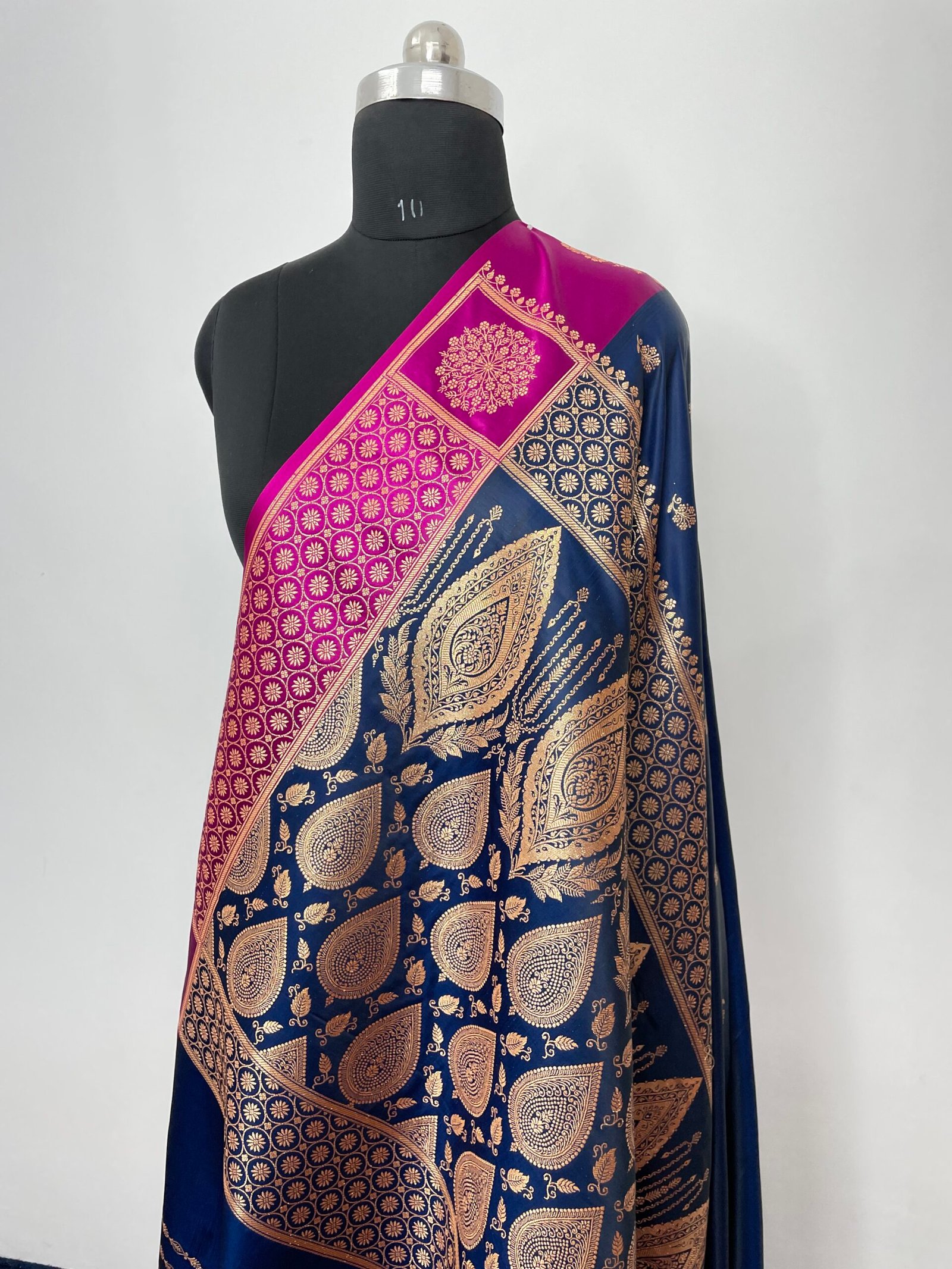 Ivory Blue Rani Contrast Fancy Satan Patta Buti Satin Katan Silk Saree - Image 3