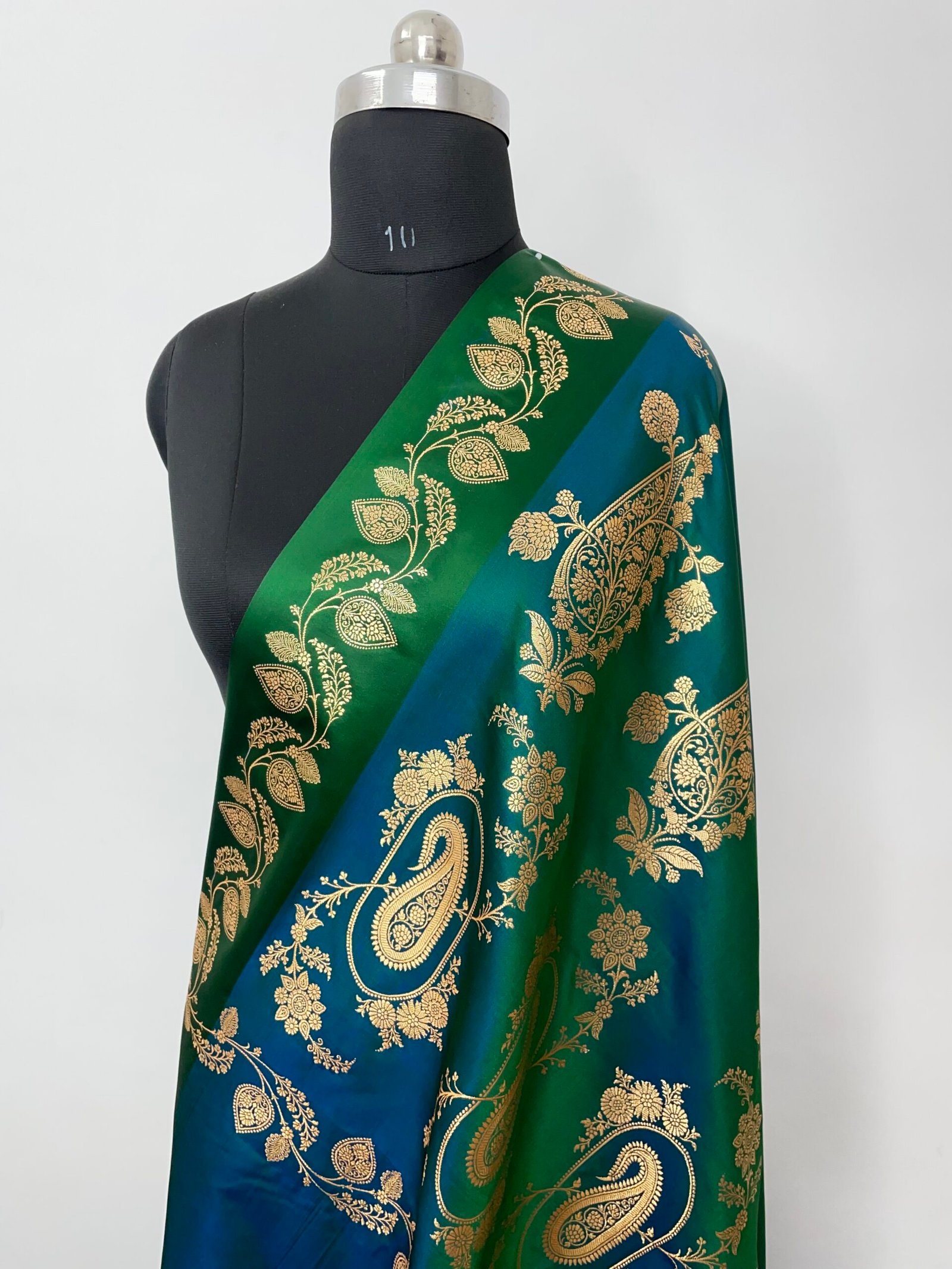 Turkish Green Fancy Satan Patta Buti Satin Katan Silk Saree - Image 3