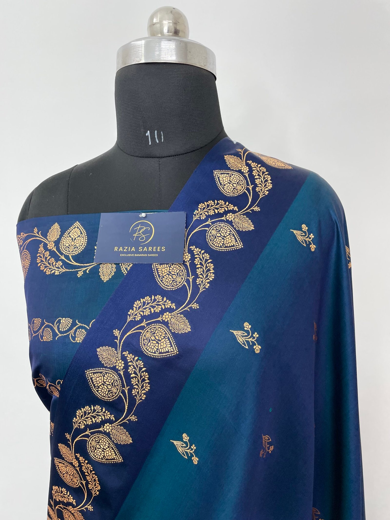 German Blue Fancy Satan Patta Buti Satin Katan Silk Saree