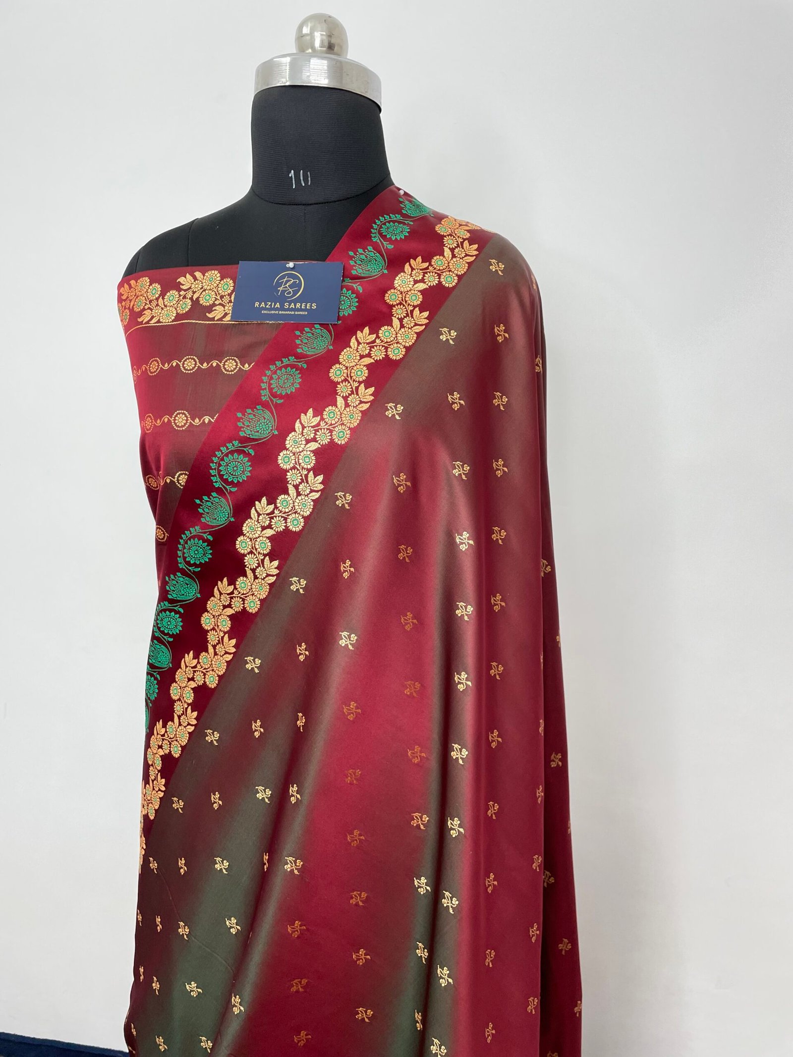 Greenish Red Fancy Satan Patta Buti Satin Katan Silk Saree - Image 2