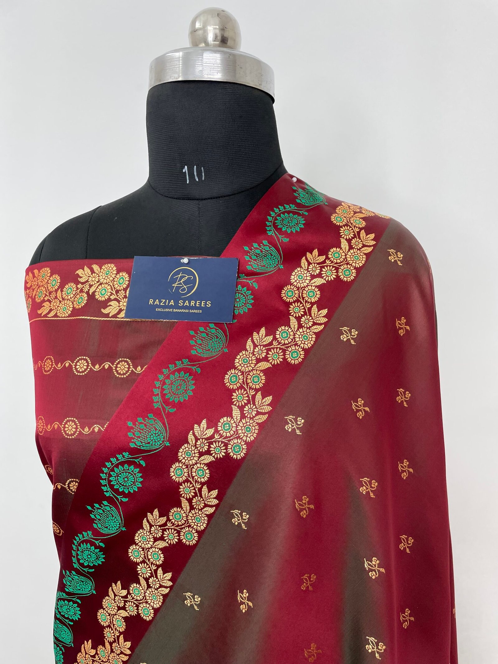 Greenish Red Fancy Satan Patta Buti Satin Katan Silk Saree