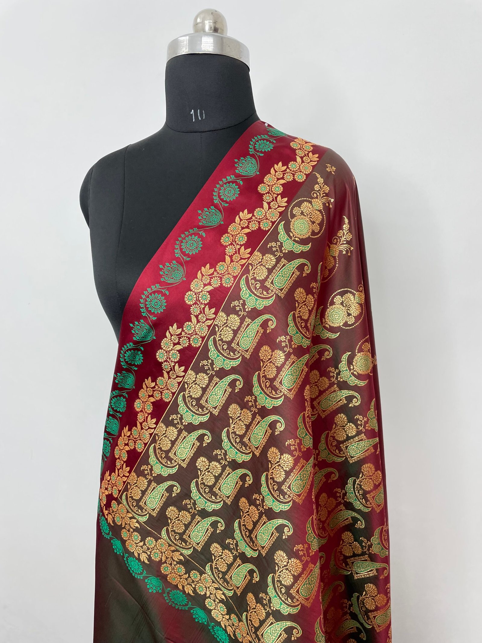 Greenish Red Fancy Satan Patta Buti Satin Katan Silk Saree - Image 3