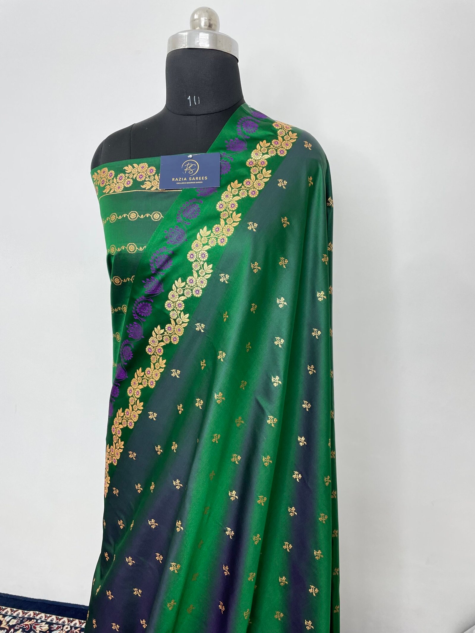 Turkish Green Fancy Satan Patta Buti Satin Katan Silk Saree - Image 2