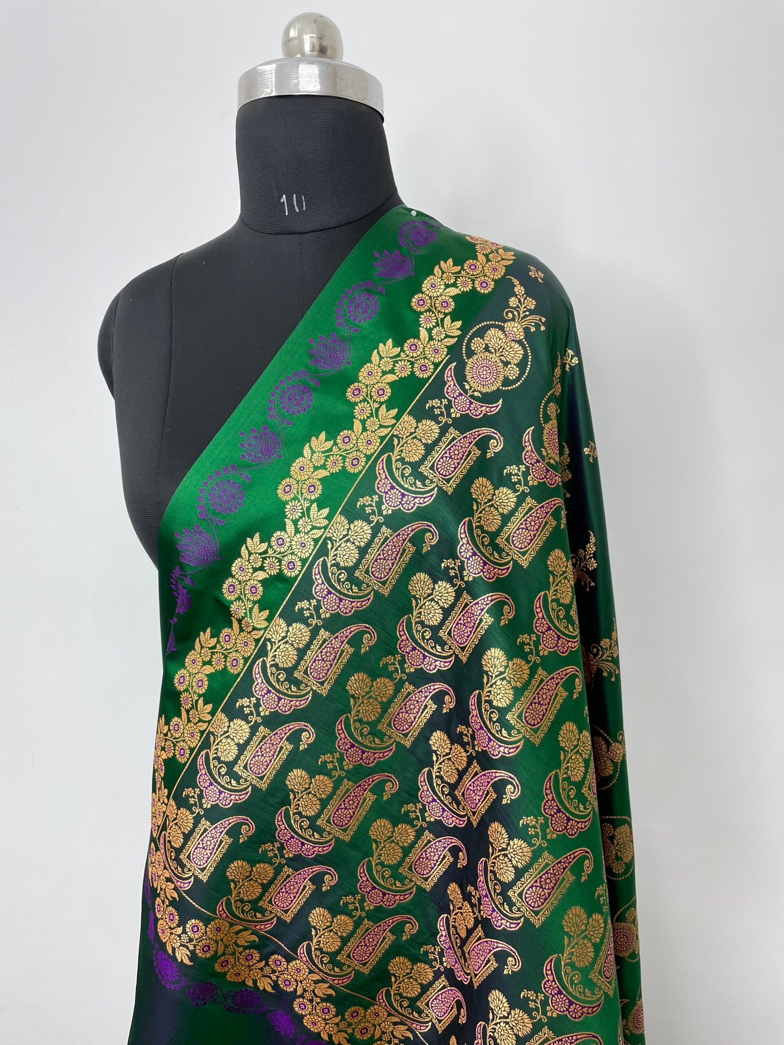Turkish Green Fancy Satan Patta Buti Satin Katan Silk Saree - Image 3