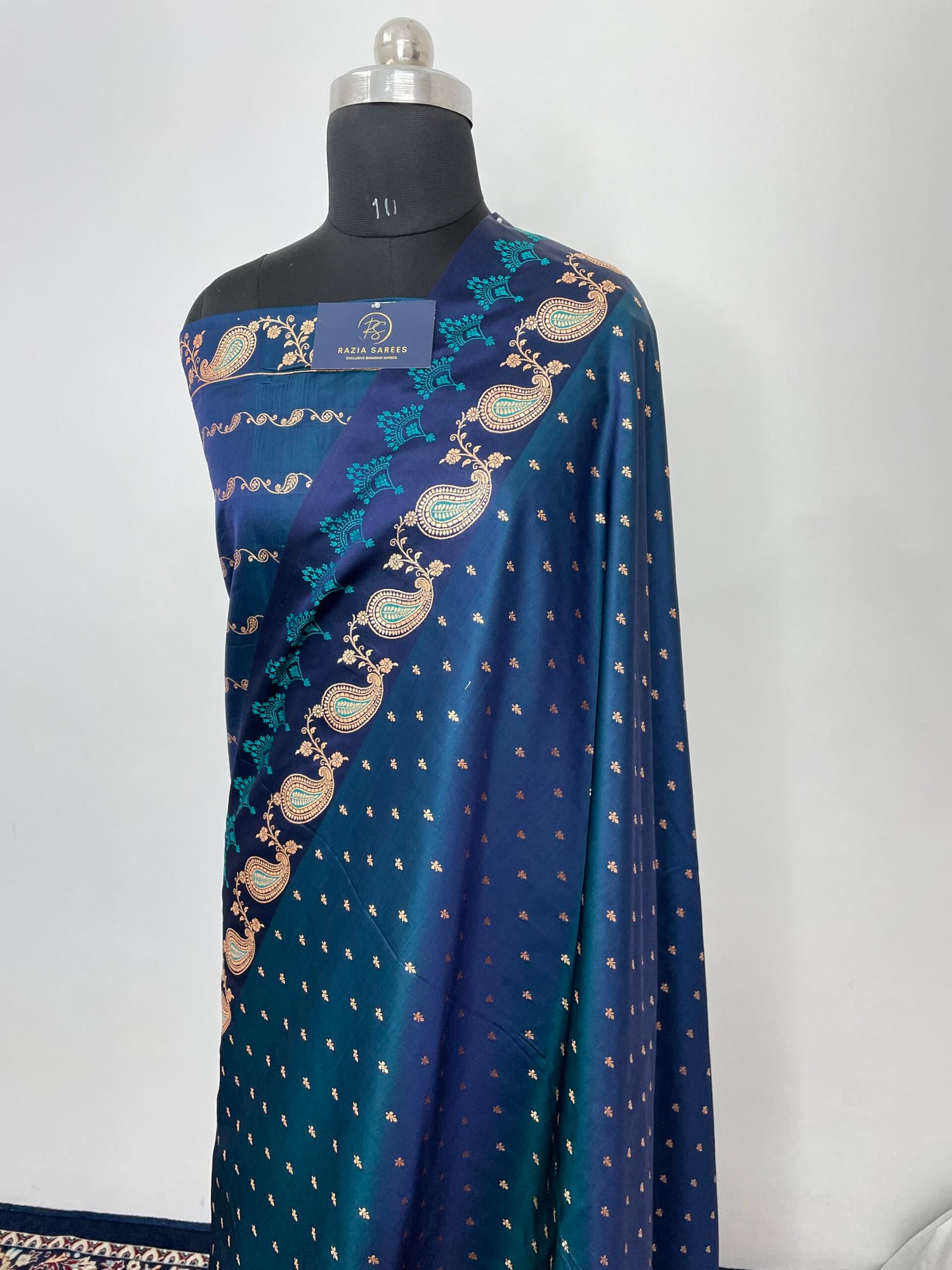 German Blue Fancy Satan Patta Buti Satin Katan Silk Saree - Image 2