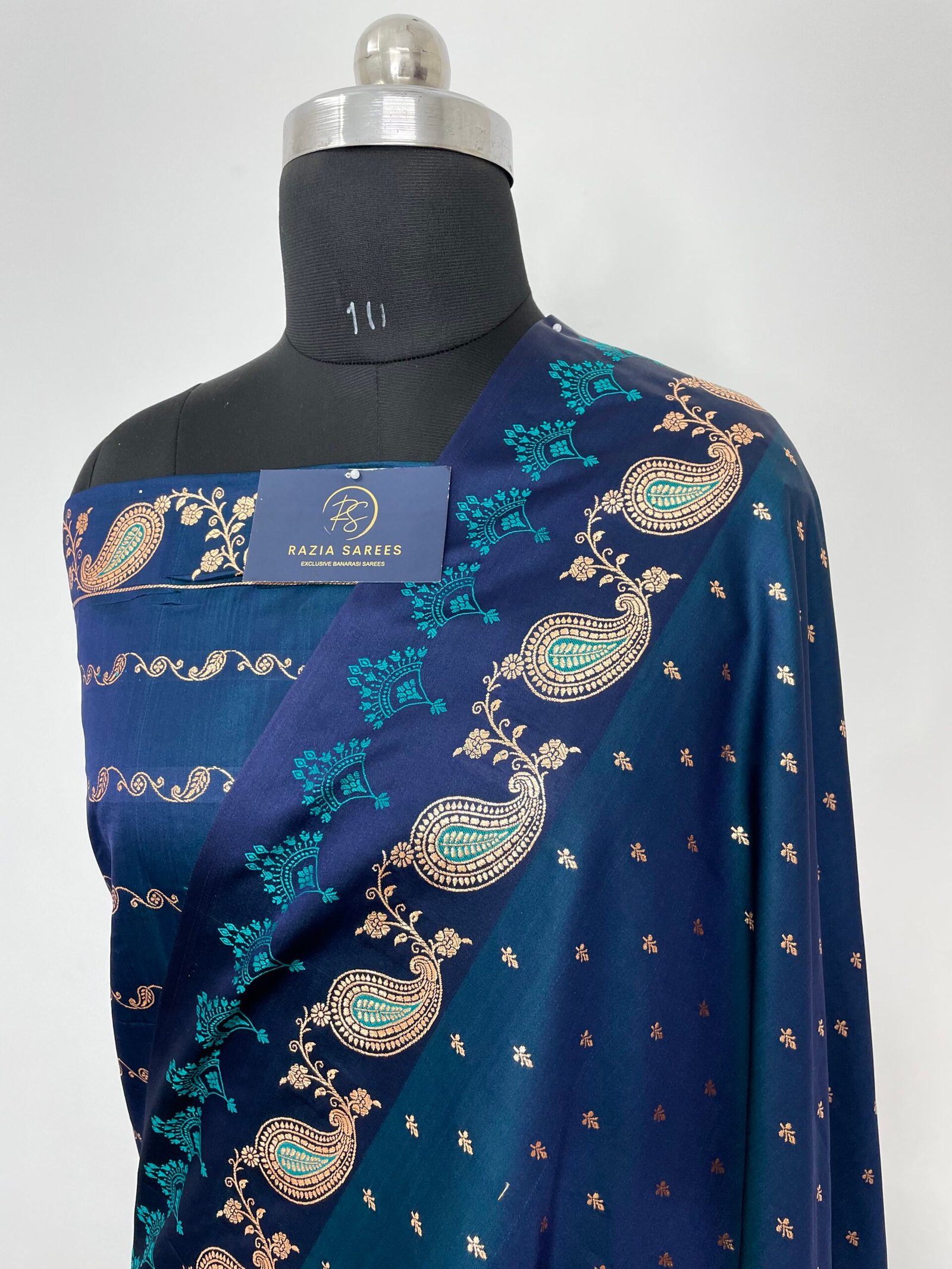 German Blue Fancy Satan Patta Buti Satin Katan Silk Saree