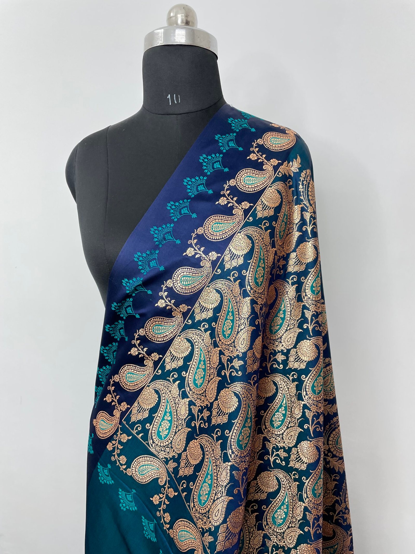 German Blue Fancy Satan Patta Buti Satin Katan Silk Saree - Image 3