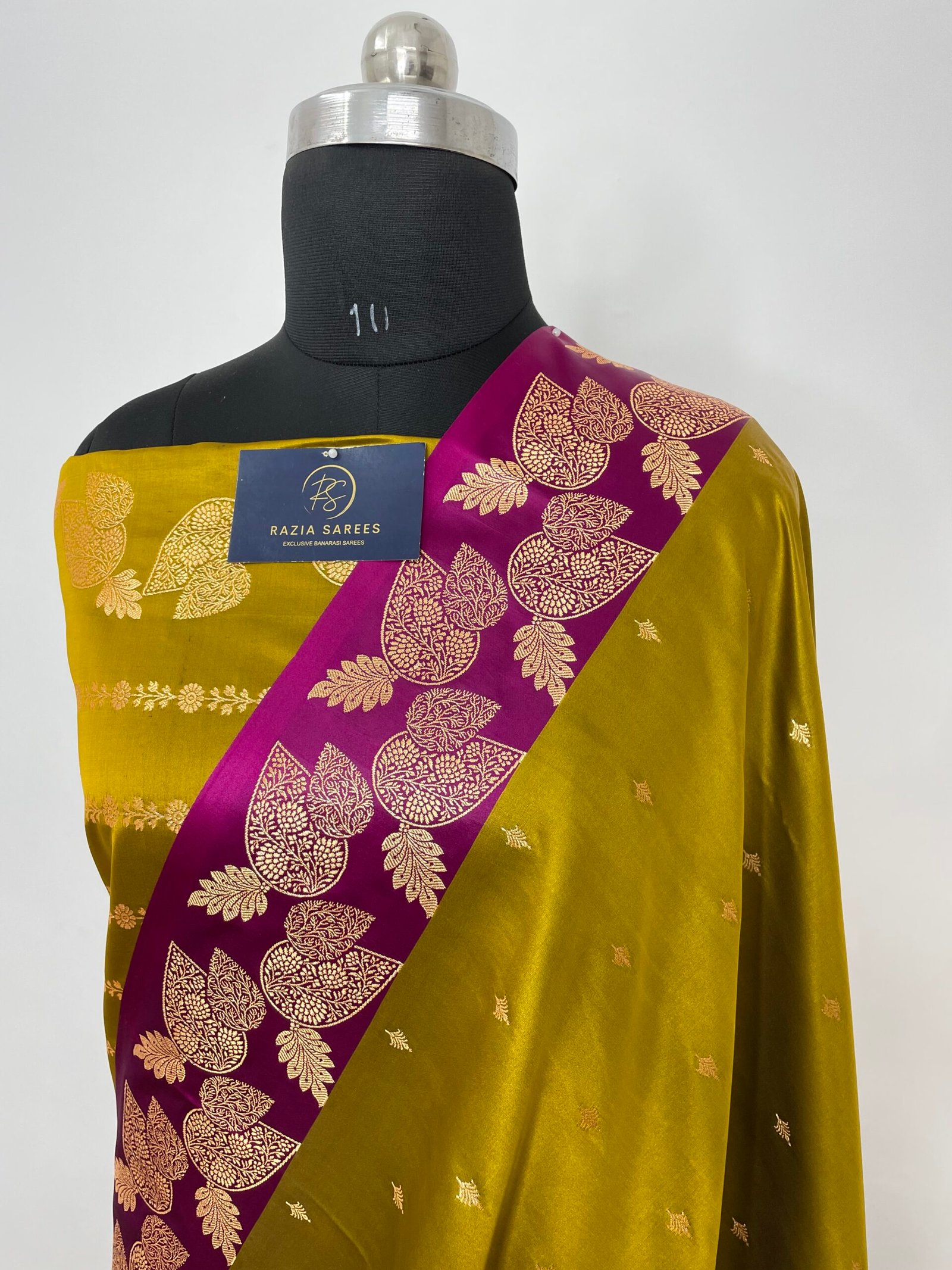 Ivory Green Purple Contrast Fancy Satan Patta Buti Satin Katan Silk Saree