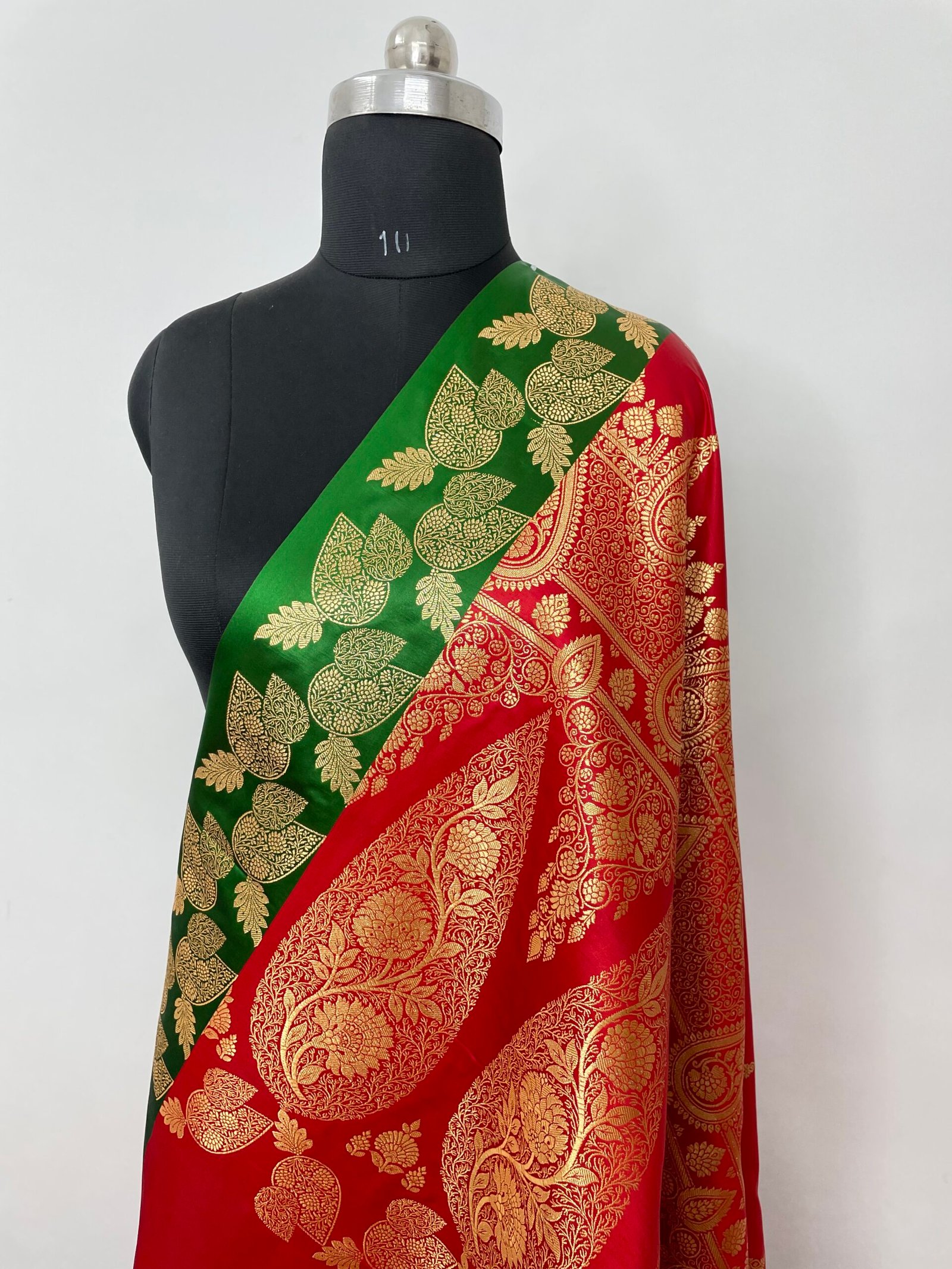 Reddish Green Contrast Fancy Patta Buti Satin Katan Silk Saree - Image 3