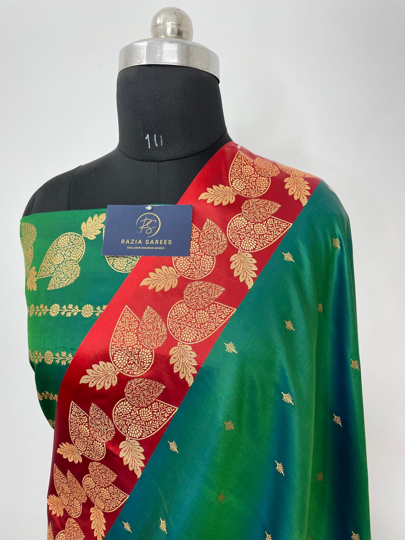 Turkish Green Red Contrast Fancy Satan Patta Buti Satin Katan Silk Saree