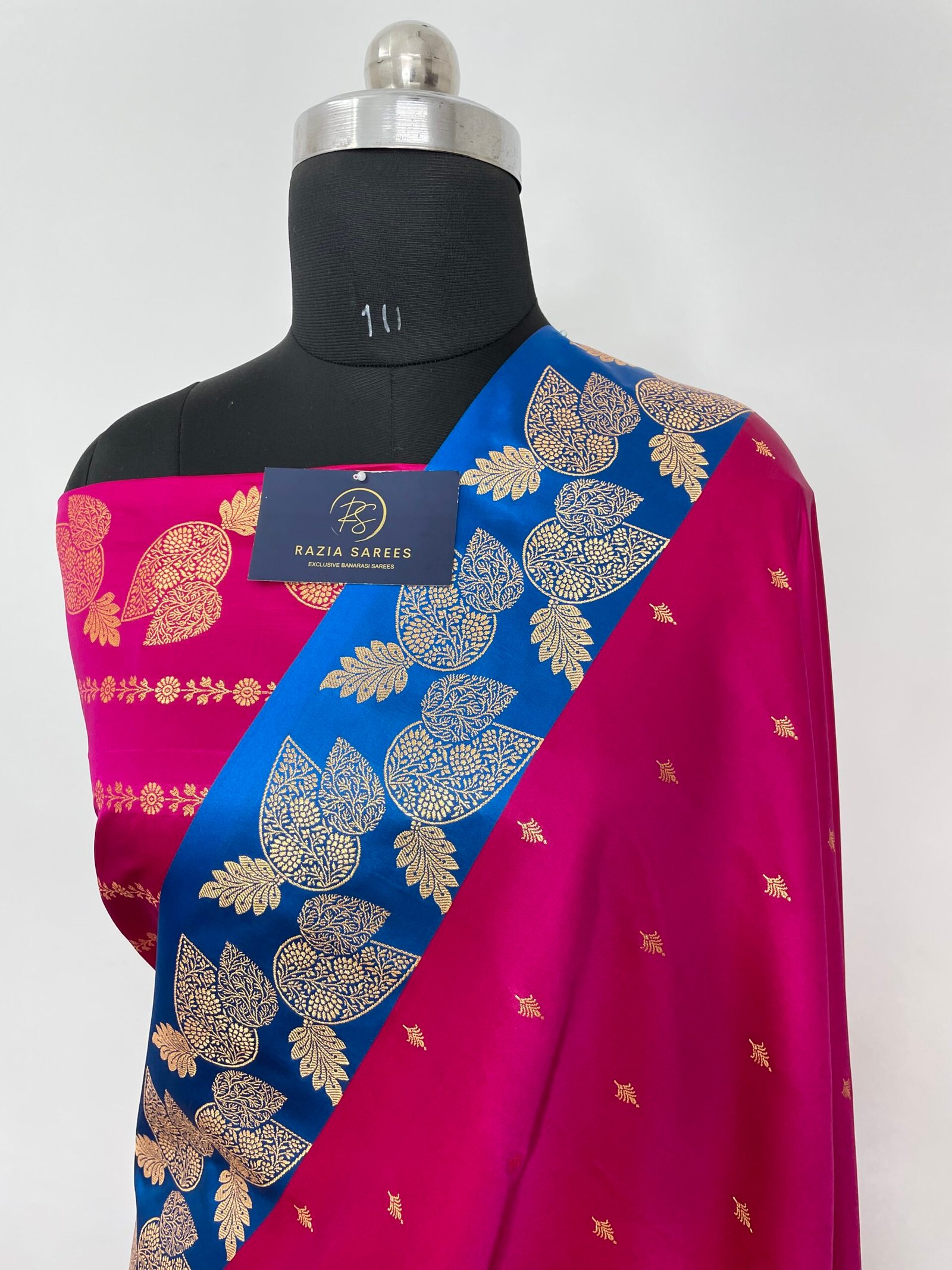 Rani Peacock Contrast Fancy Satan Patta Buti Satin Katan Silk Saree