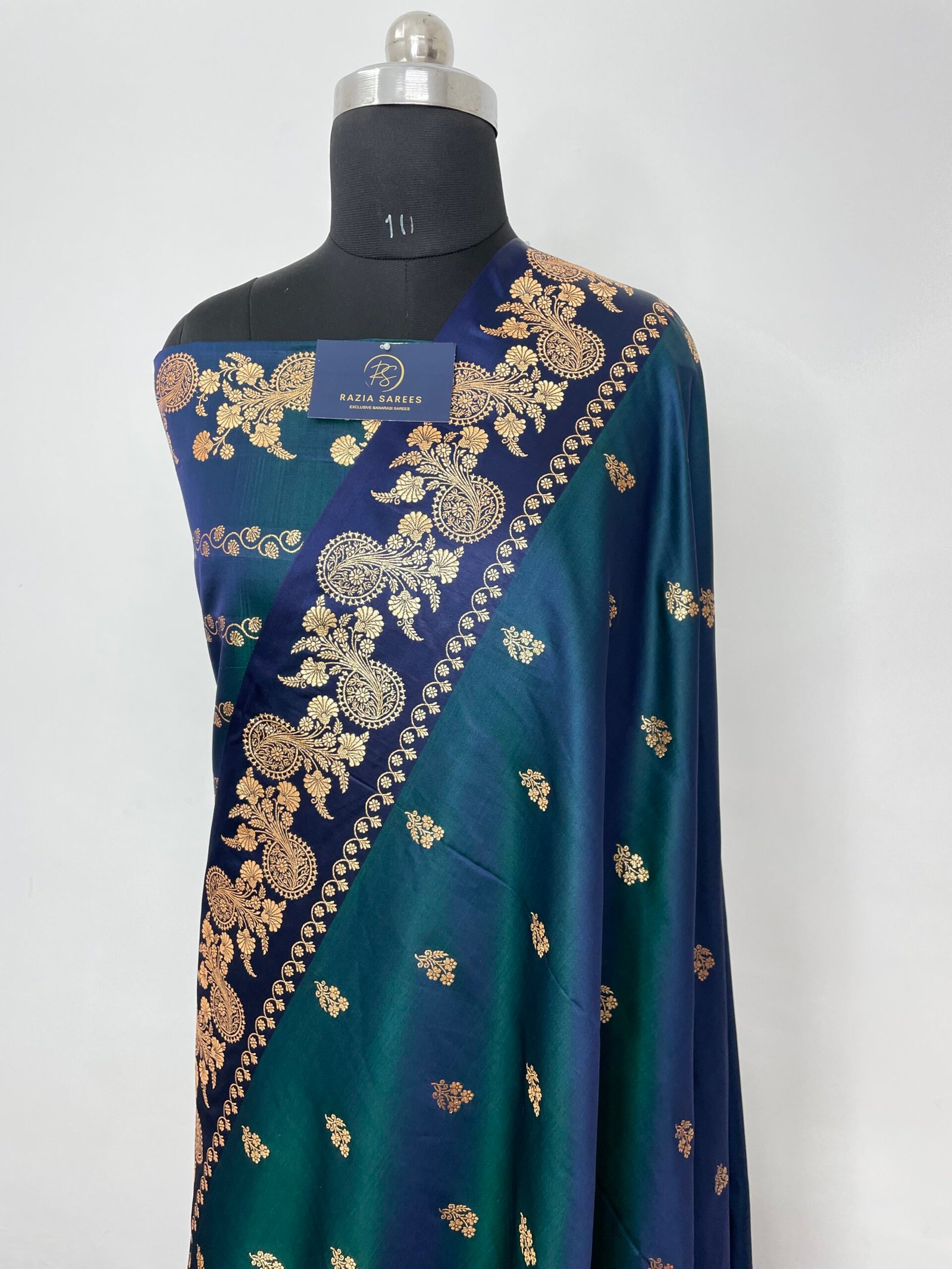 German Blue Fancy Satan Patta Buti Satin Katan Silk Saree - Image 2