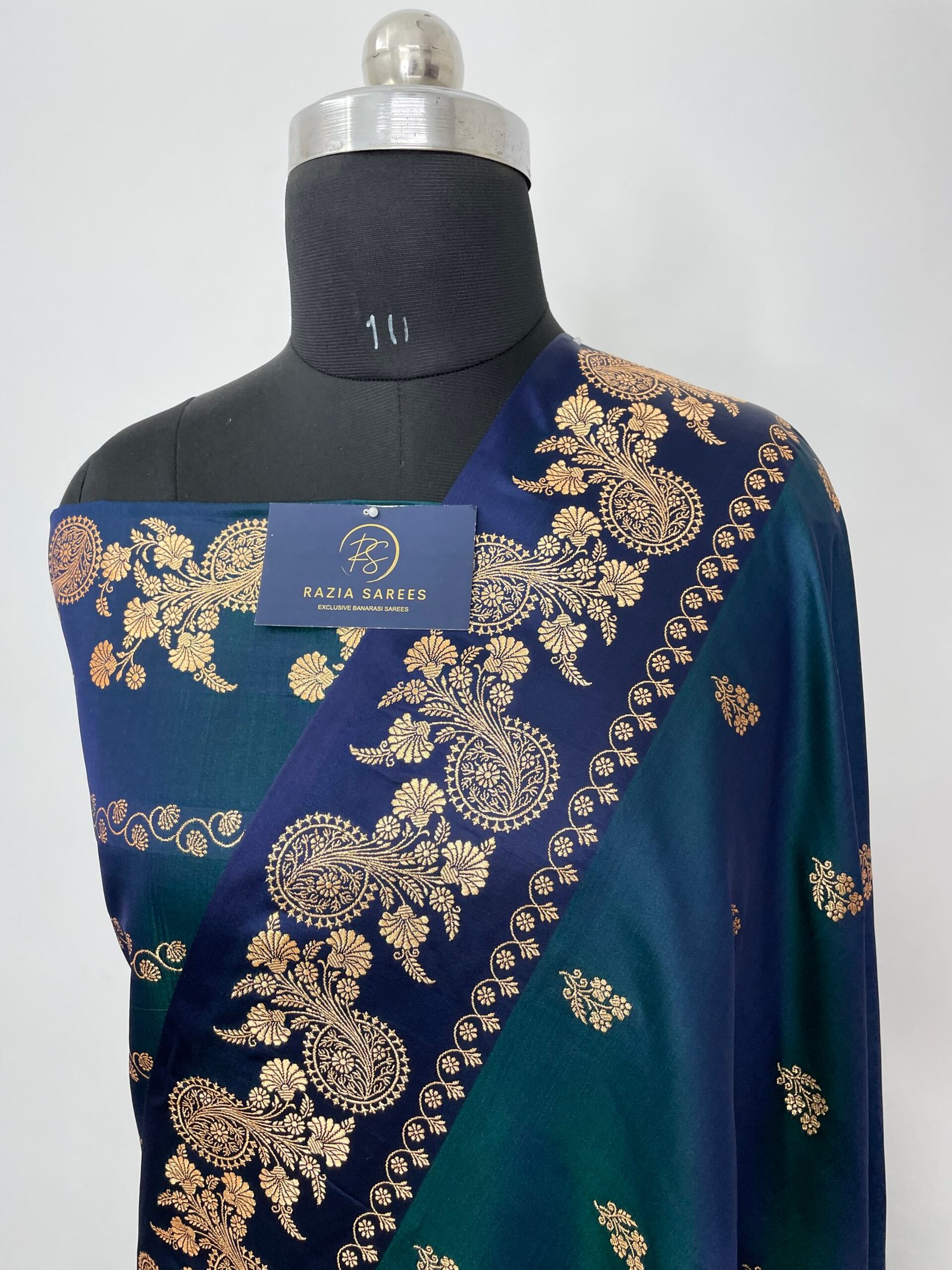 German Blue Fancy Satan Patta Buti Satin Katan Silk Saree