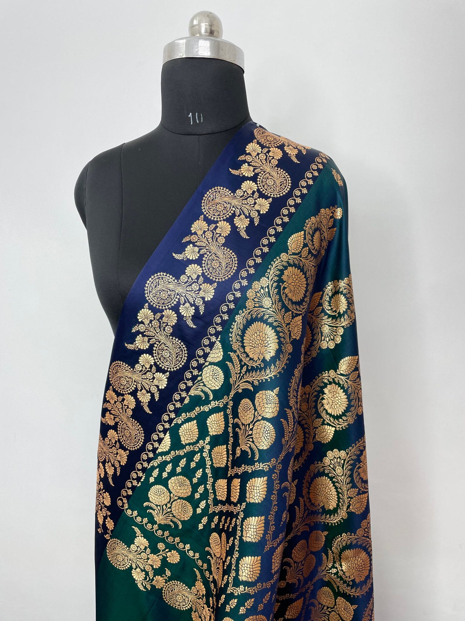 German Blue Fancy Satan Patta Buti Satin Katan Silk Saree - Image 3